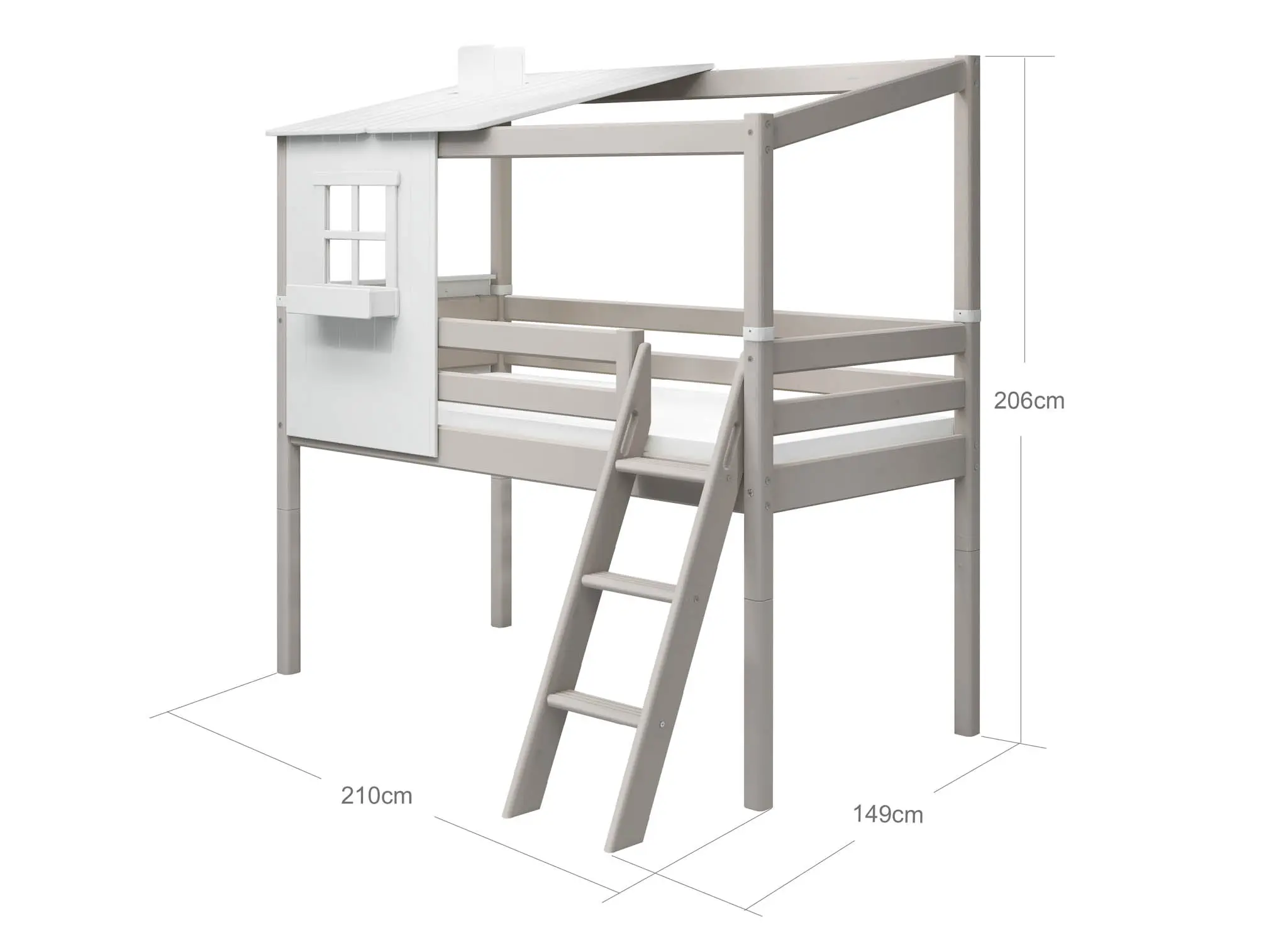 Mid-High Bed with 1/2 Classic House, 90x200 cm, White/Grey - Image 4