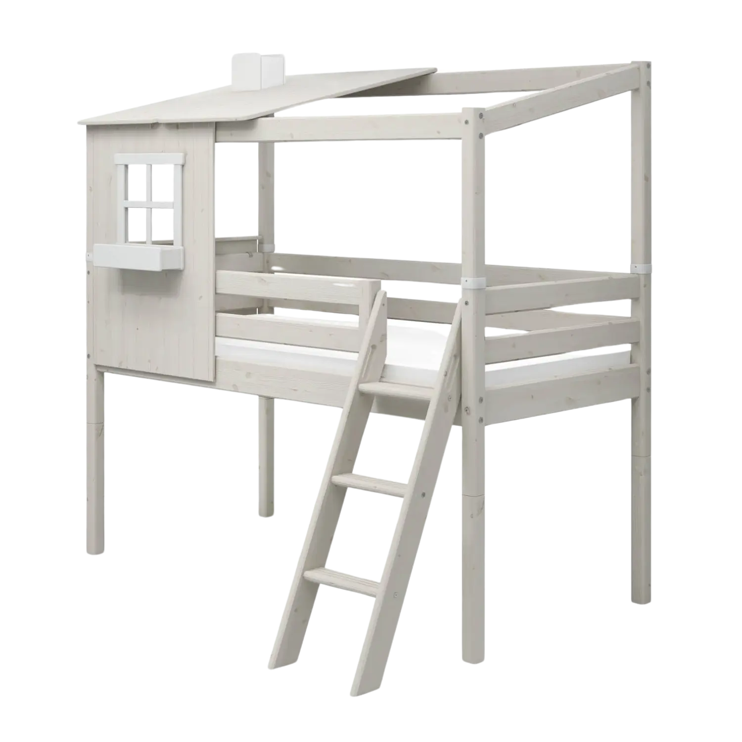 Mid-High Bed with 1/2 House, Ladder and Safety Rail, 90x200 cm, White