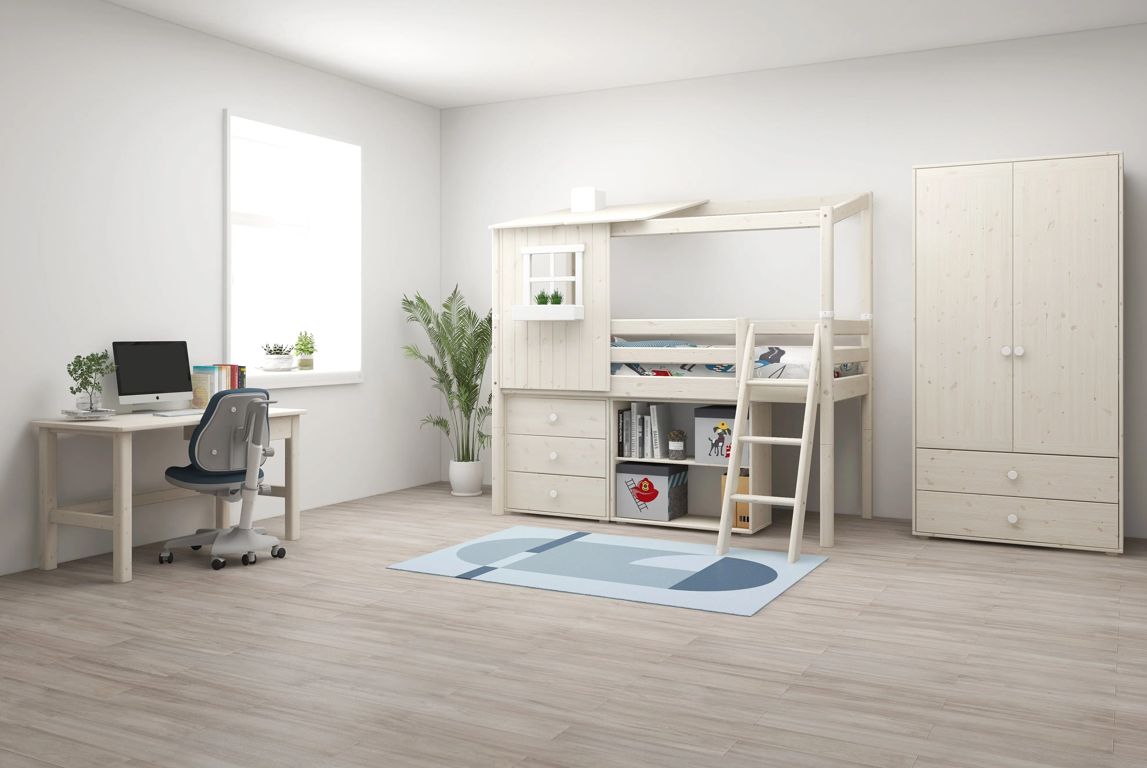 Mid-High Bed with 1/2 House, Ladder and Safety Rail, 90x200 cm, White - Image 4