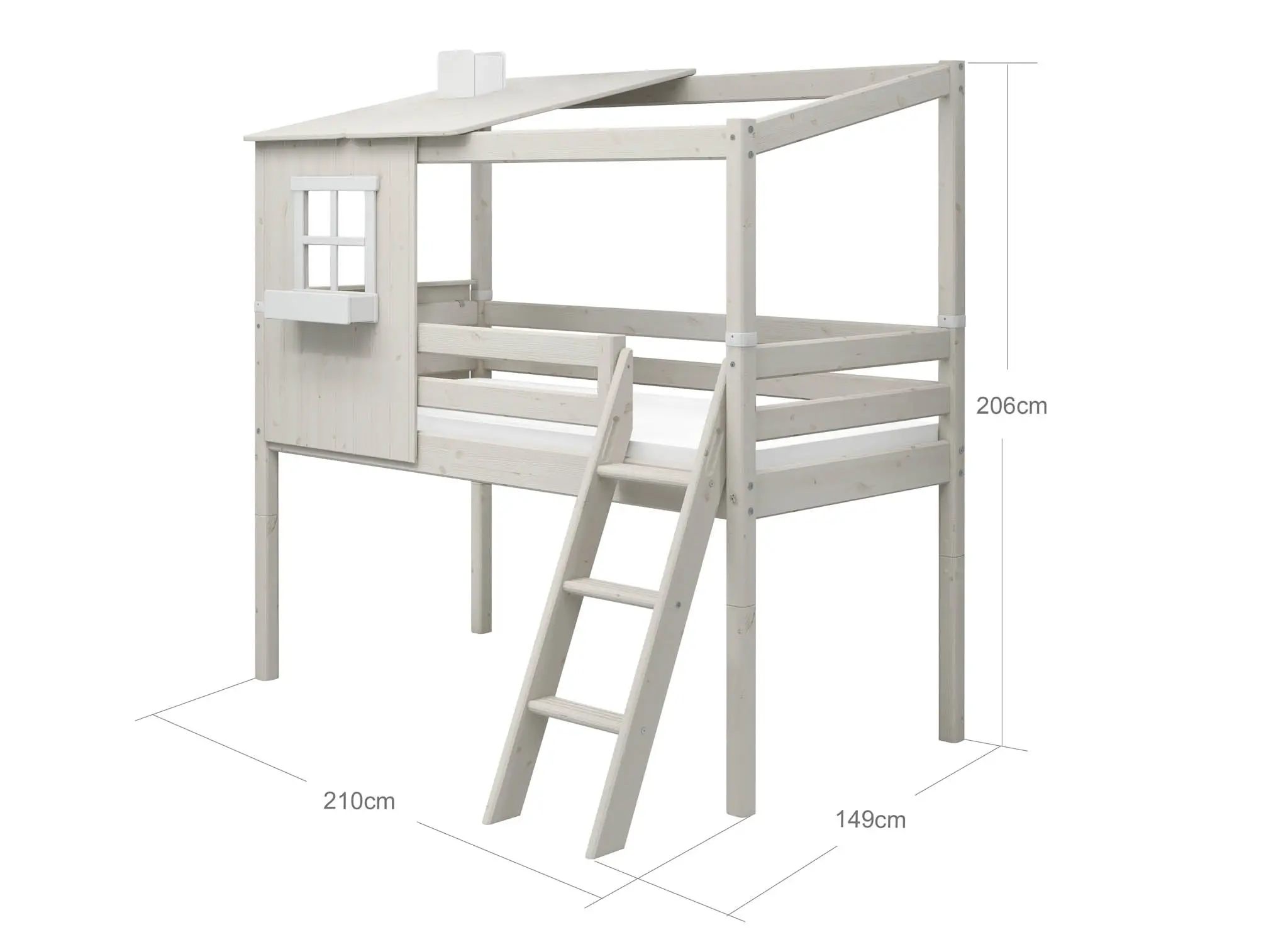 Mid-High Bed with 1/2 House, Ladder and Safety Rail, 90x200 cm, White - Image 5