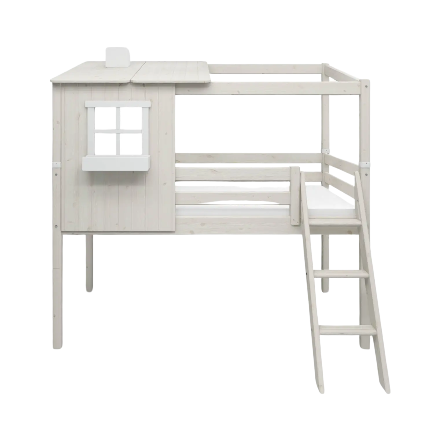 Mid-High Bed with 1/2 House, Ladder and Safety Rail, 90x200 cm, White - Image 6