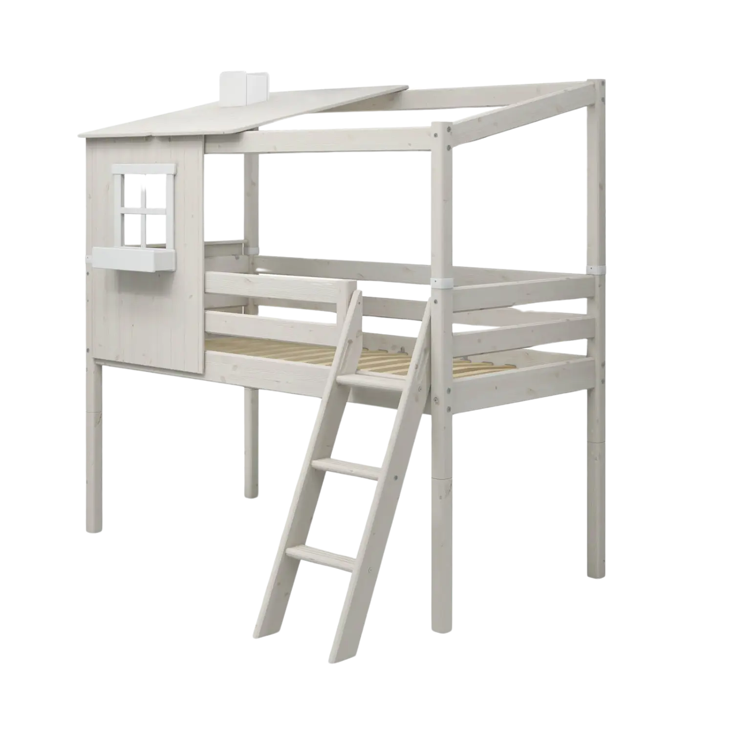 Mid-High Bed with 1/2 House, Ladder and Safety Rail, 90x200 cm, White - Image 8