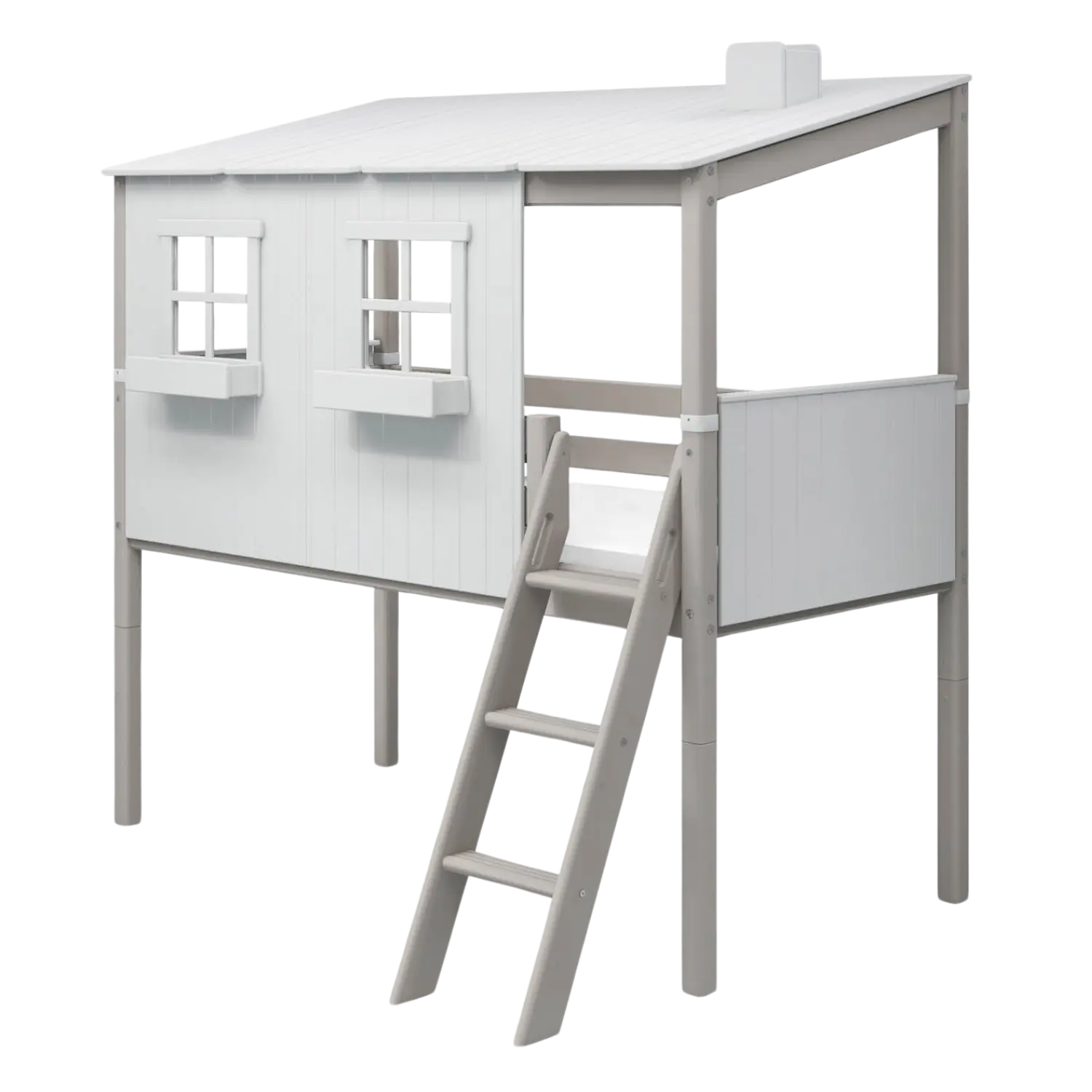 Mid-High Bed with House and Ladder, 90x200 cm, White/Grey
