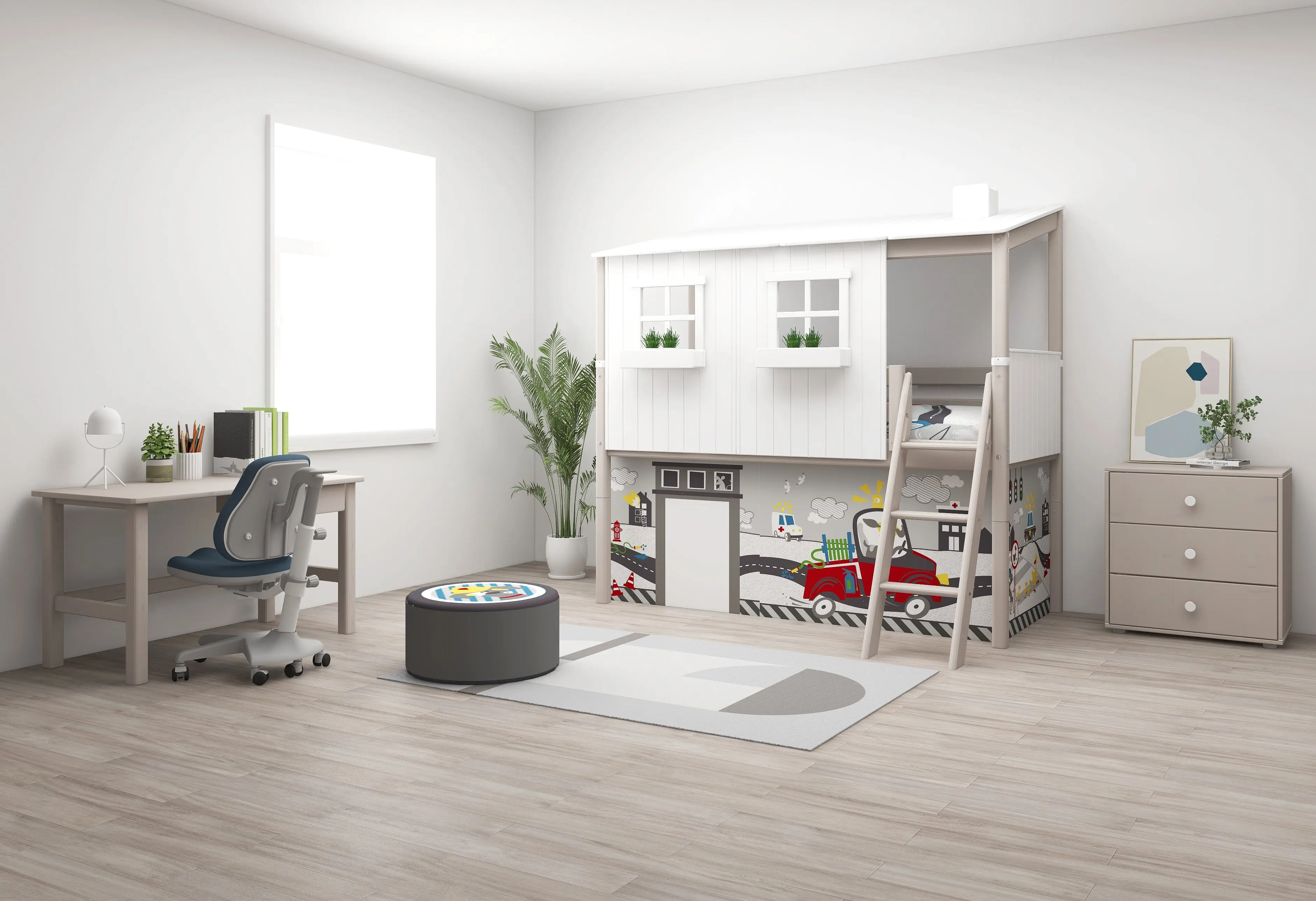 Mid-High Bed with House and Ladder, 90x200 cm, White/Grey - Image 2