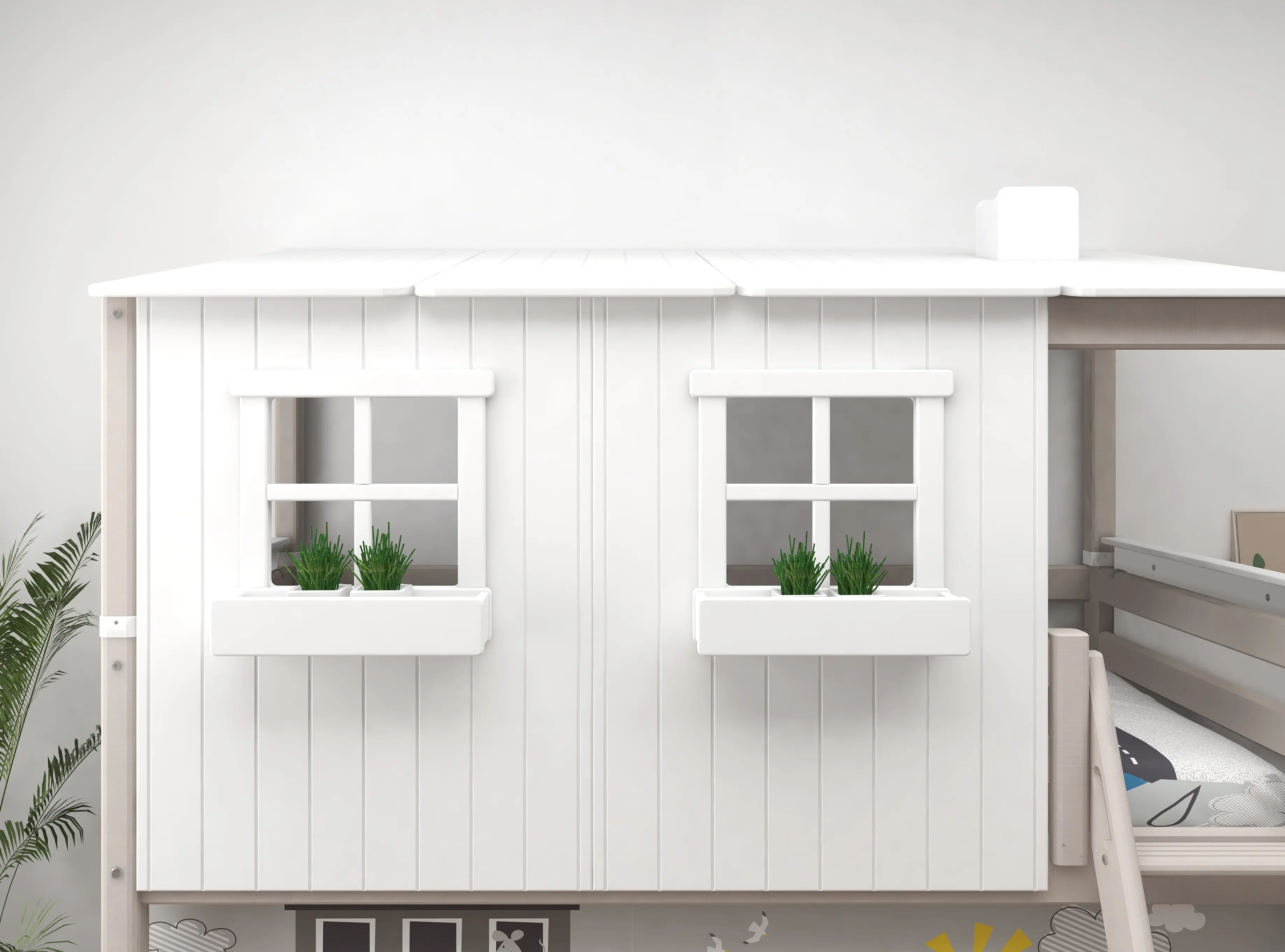 Mid-High Bed with House and Ladder, 90x200 cm, White/Grey - Image 3