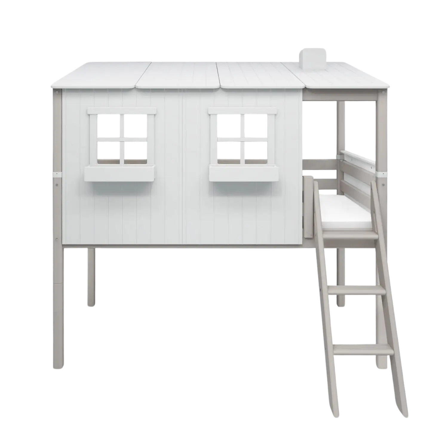 Mid-High Bed with House and Ladder, 90x200 cm, White/Grey - Image 4
