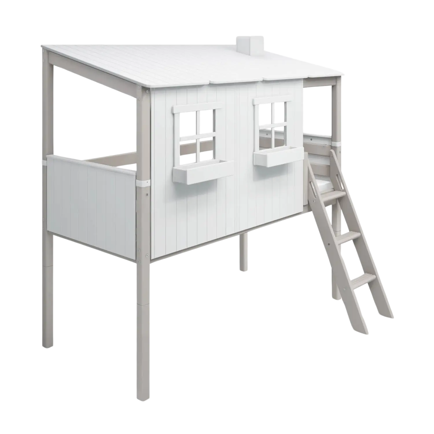 Mid-High Bed with House and Ladder, 90x200 cm, White/Grey - Image 5