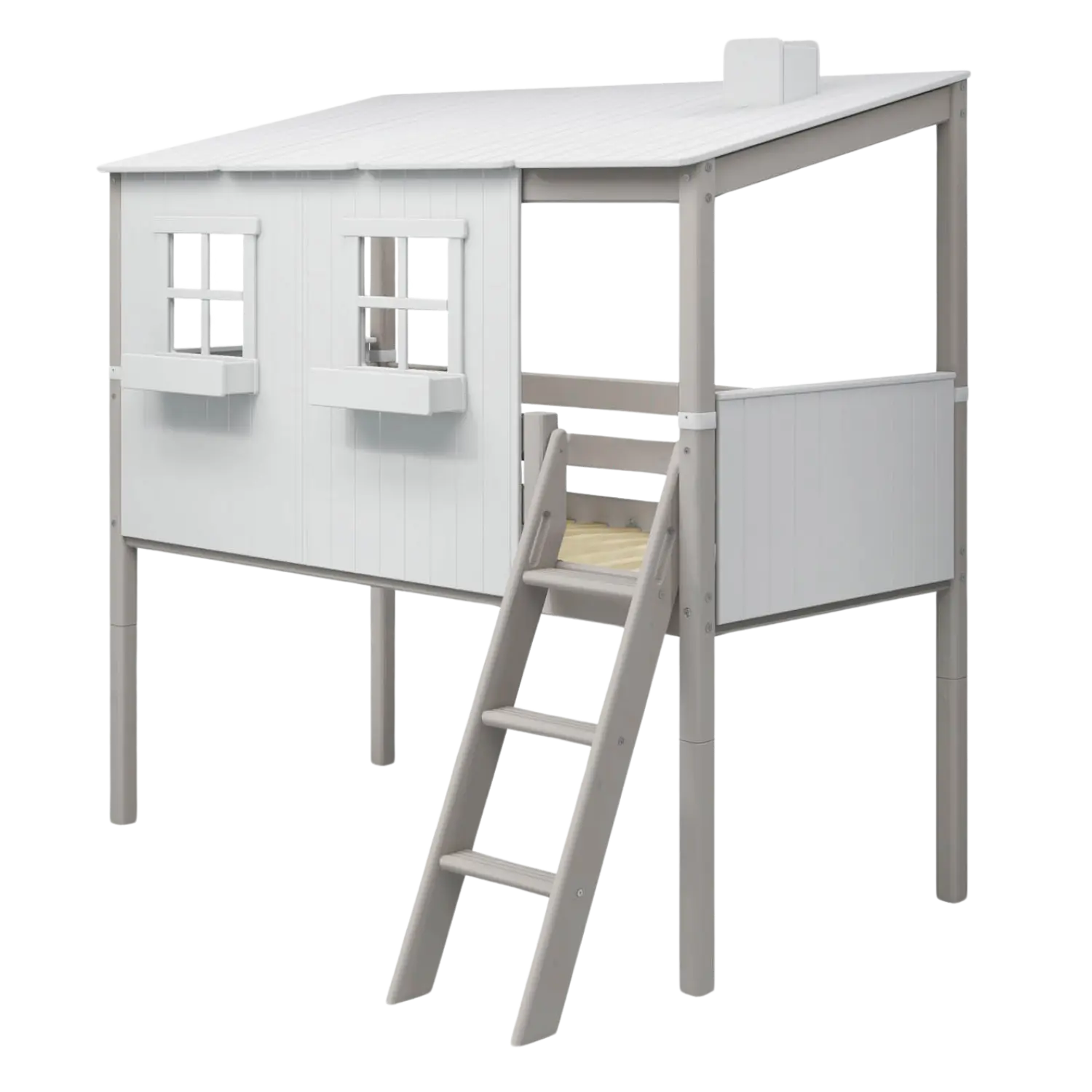 Mid-High Bed with House and Ladder, 90x200 cm, White/Grey - Image 6