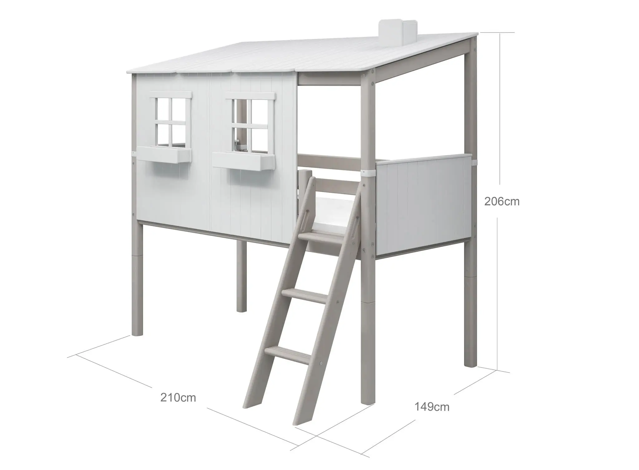 Mid-High Bed with House and Ladder, 90x200 cm, White/Grey - Image 7