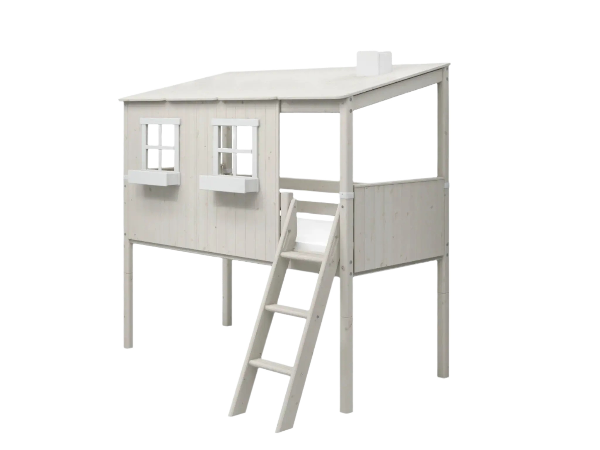 Mid-High Bed with House, Ladder and Safety Rail, 90x200 cm, White