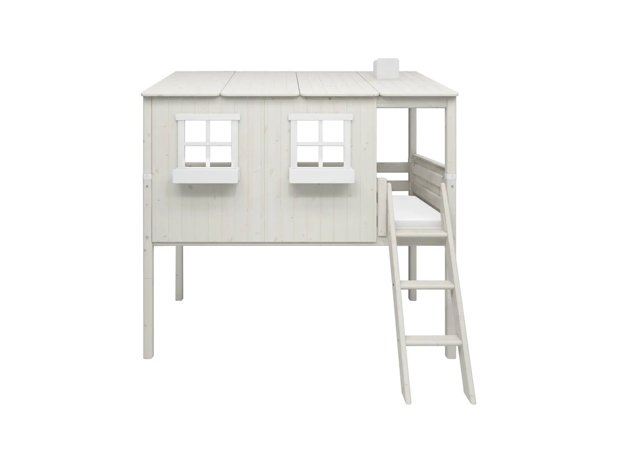 Mid-High Bed with House, Ladder and Safety Rail, 90x200 cm, White - Image 2