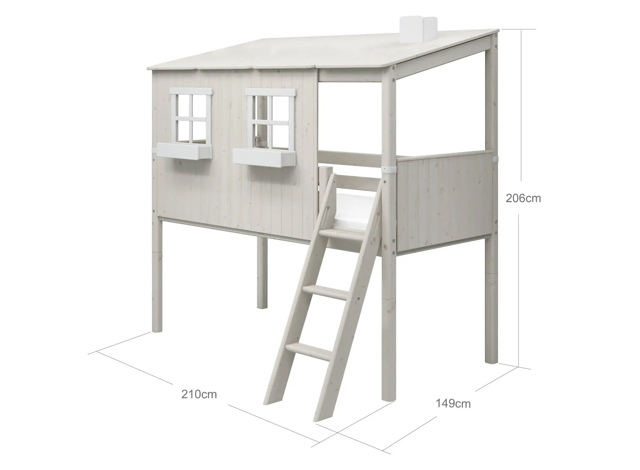 Mid-High Bed with House, Ladder and Safety Rail, 90x200 cm, White - Image 3