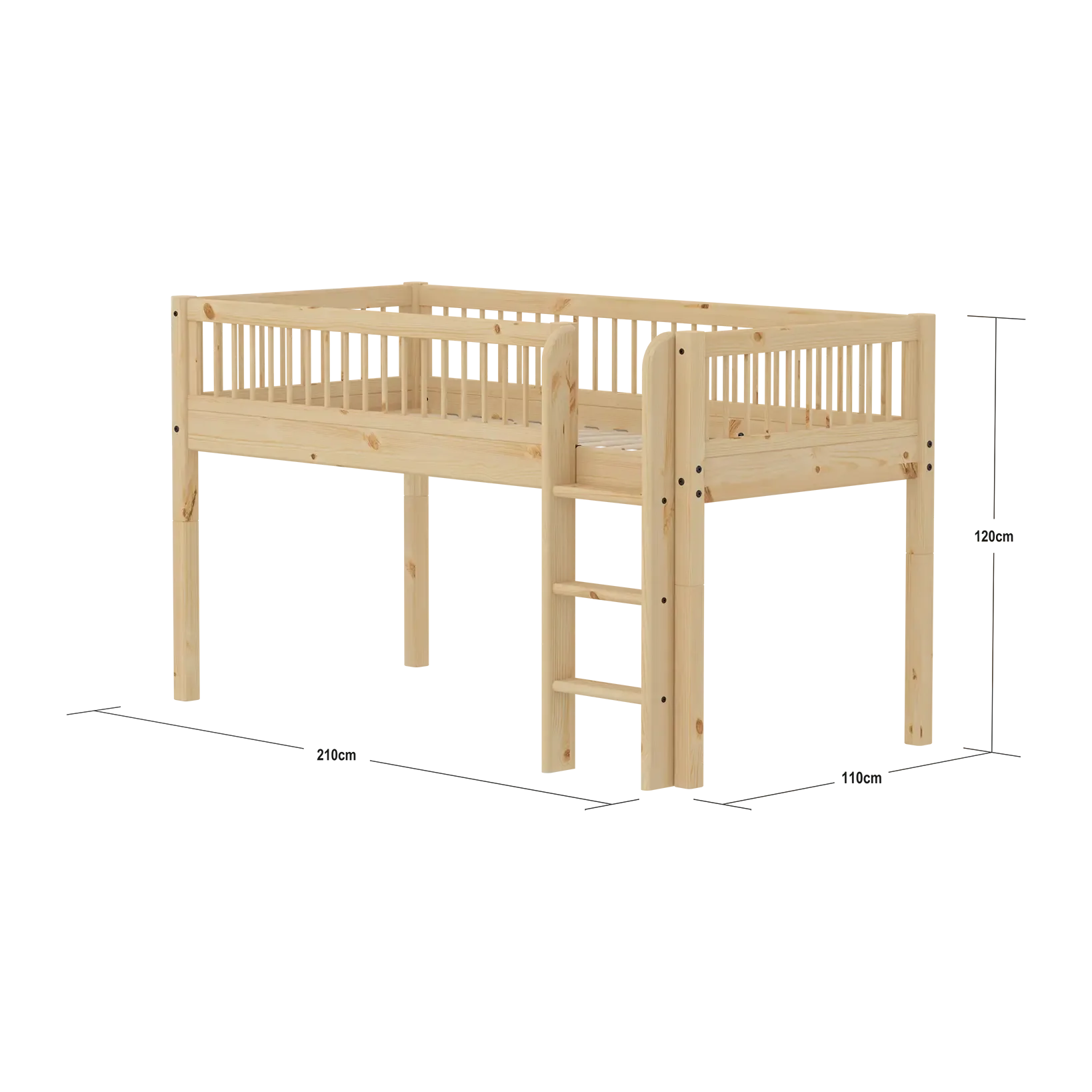 Mid-High Bed with Safety Rails, 90x200 cm, Pine - Image 8