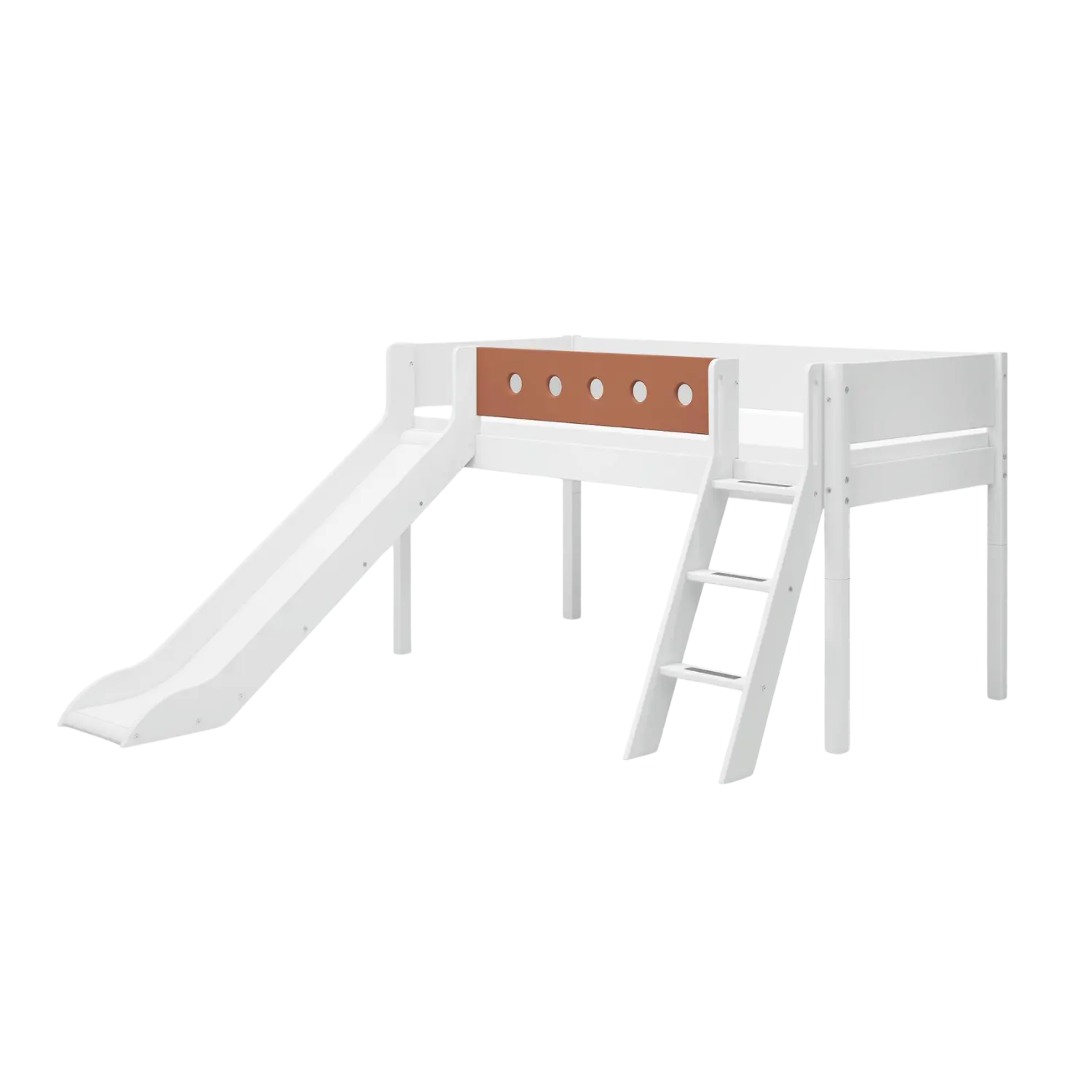 High Bed 120 cm with Slide, Ladder and Safety Rail, 90x200 cm, White