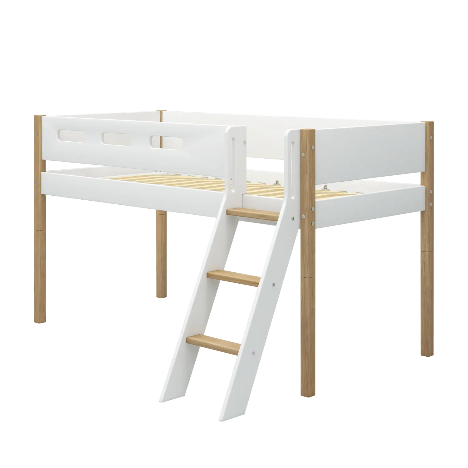 High Bed 120 cm with Ladder and Safety Rail, 90x200 cm, White/Oak - Image 4
