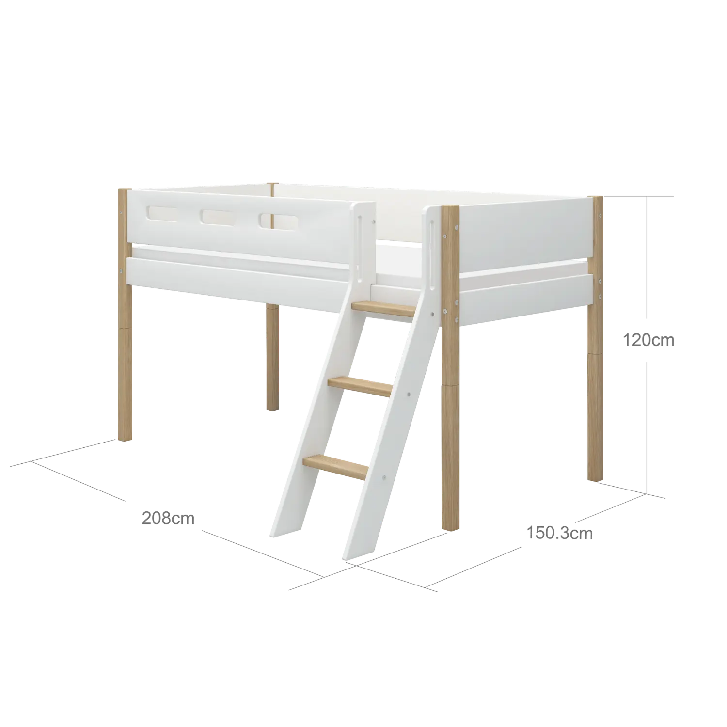 High Bed 120 cm with Ladder and Safety Rail, 90x200 cm, White/Oak - Image 7