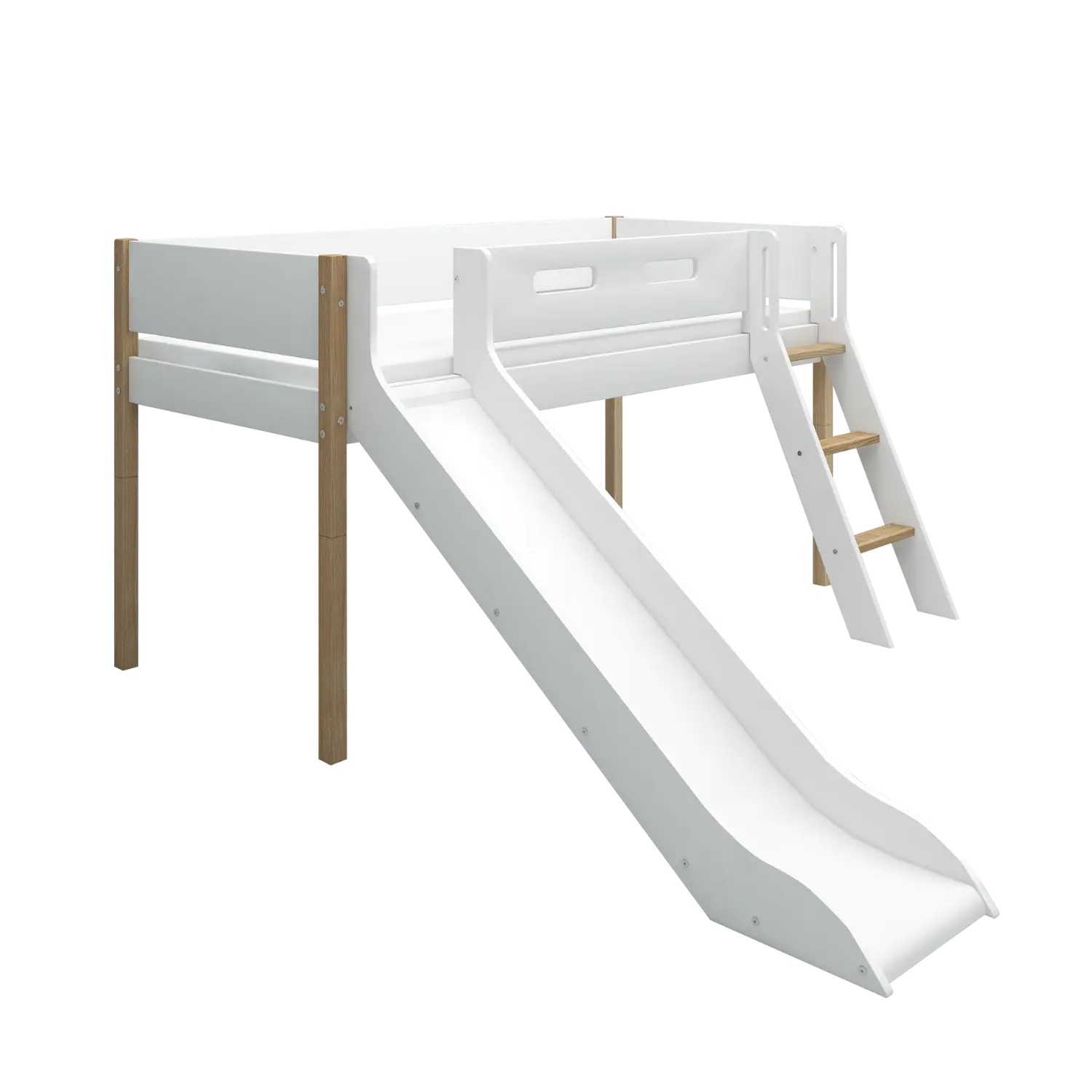 High Bed 120 cm with Slide, Ladder and Safety Rail, 90x200 cm, White/Oak - Image 3