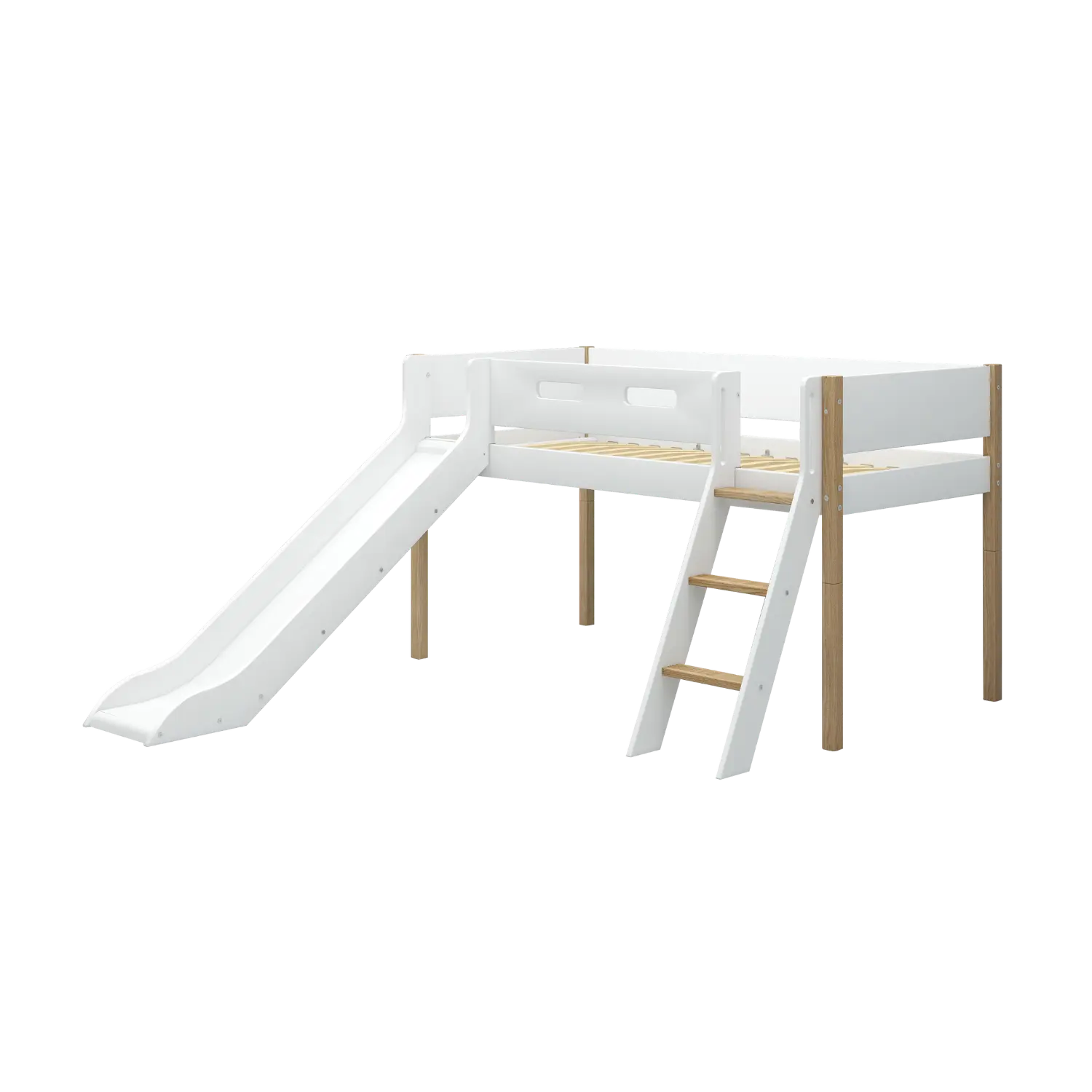 High Bed 120 cm with Slide, Ladder and Safety Rail, 90x200 cm, White/Oak - Image 4
