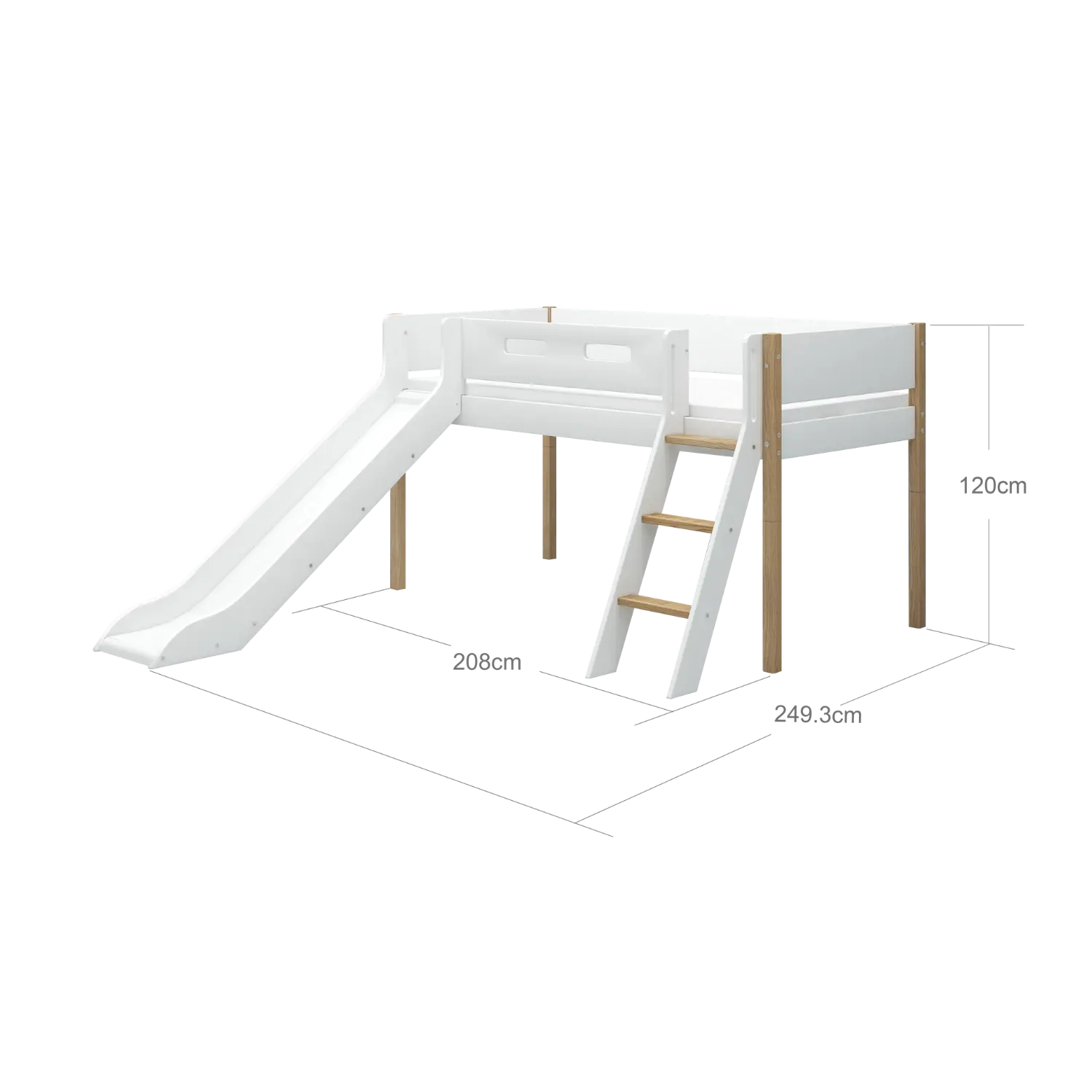 High Bed 120 cm with Slide, Ladder and Safety Rail, 90x200 cm, White/Oak - Image 5