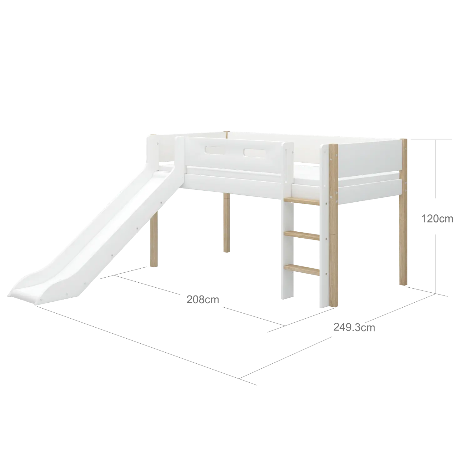 High Bed 120 cm with Slide and Safety Rail, 90x200 cm, White/Oak - Image 9