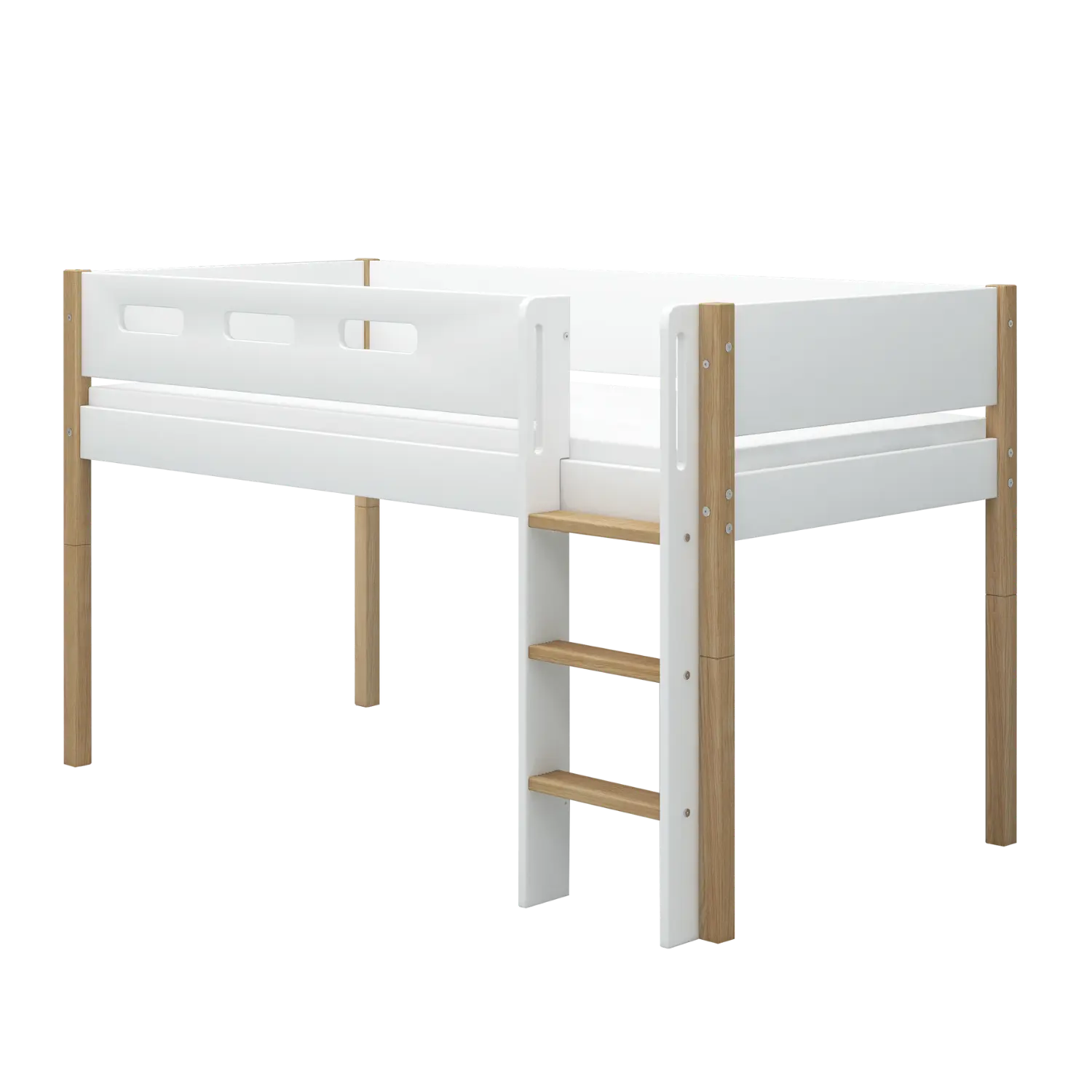 High Bed 120 cm with Ladder and Safety Rail, 90x200 cm, White/Oak