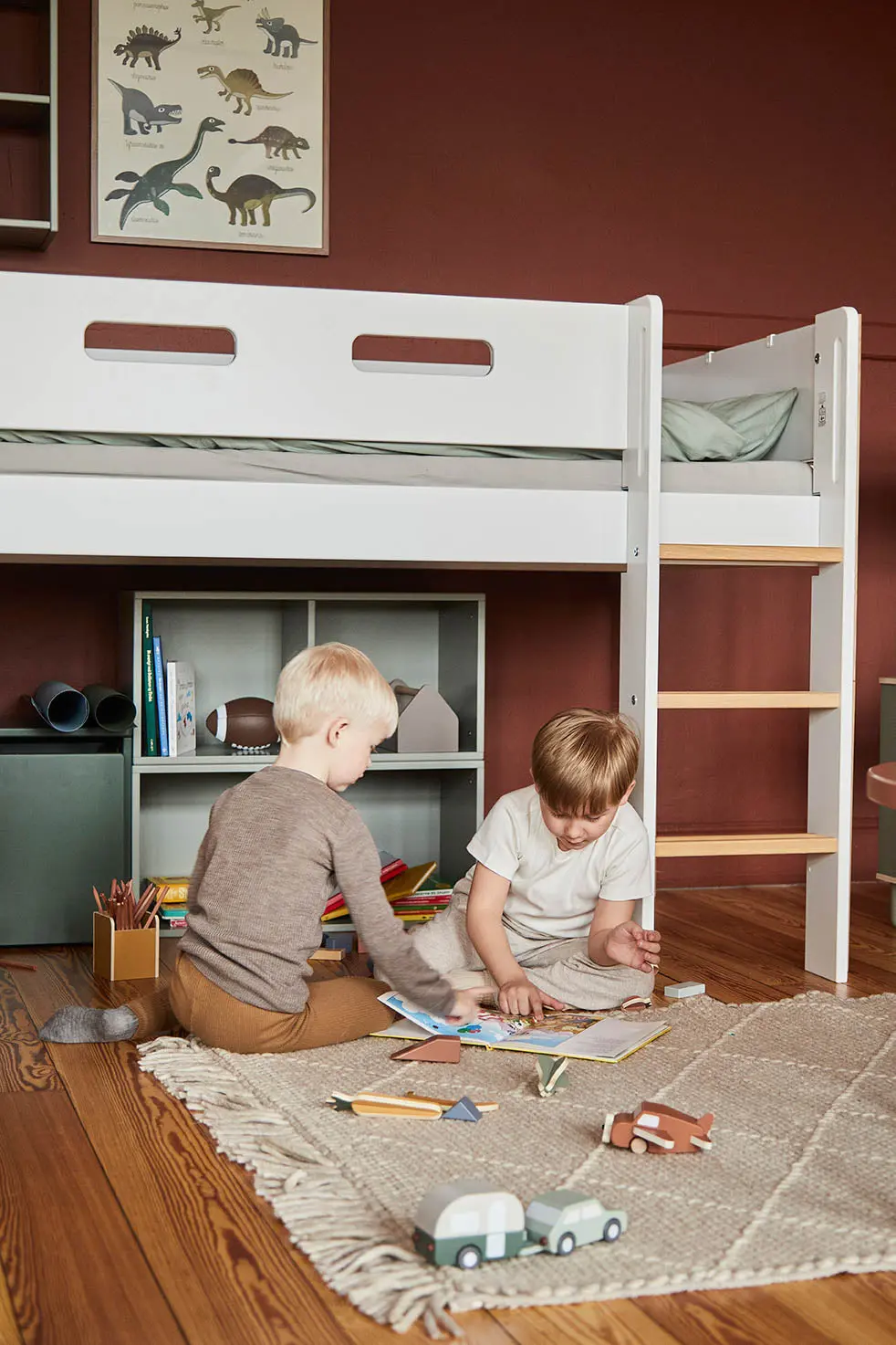 High Bed 120 cm with Ladder and Safety Rail, 90x200 cm, White/Oak - Image 5