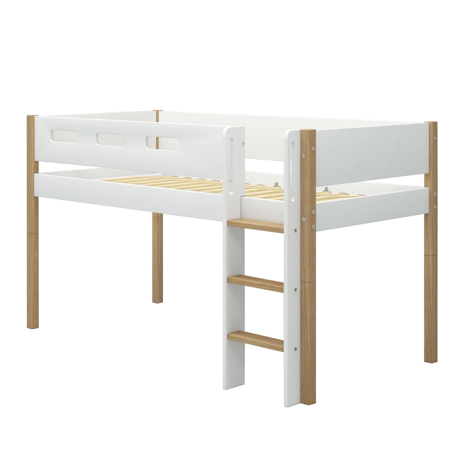 High Bed 120 cm with Ladder and Safety Rail, 90x200 cm, White/Oak - Image 8