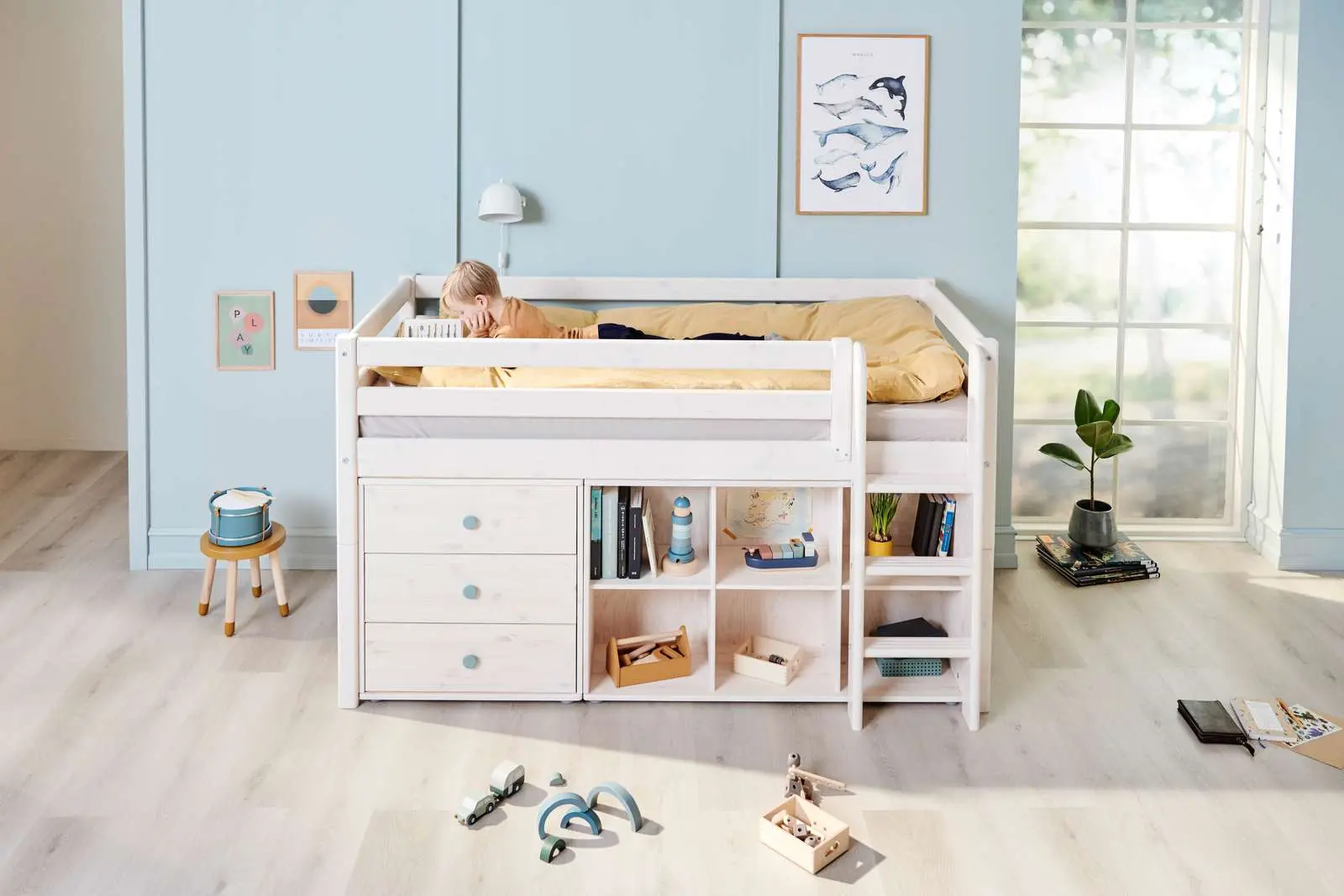 High Bed 120 cm with Safety Rail and Ladder, 90x200 cm, White - Image 8
