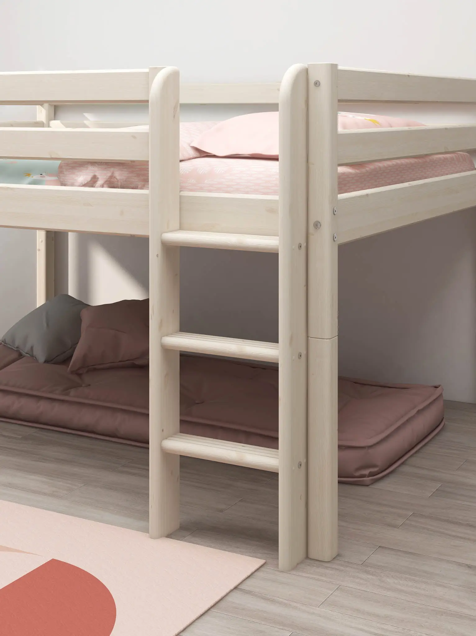 High Bed 120 cm with Safety Rail and Ladder, 140x200 cm, White - Image 3