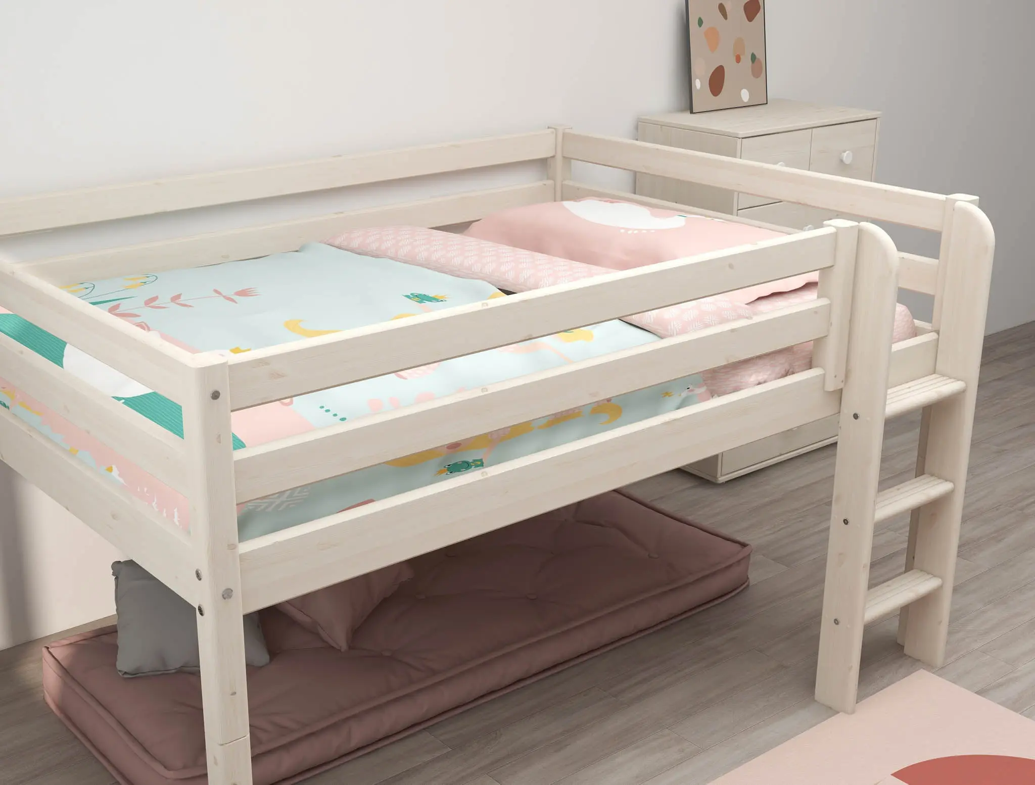 High Bed 120 cm with Safety Rail and Ladder, 140x200 cm, White - Image 4