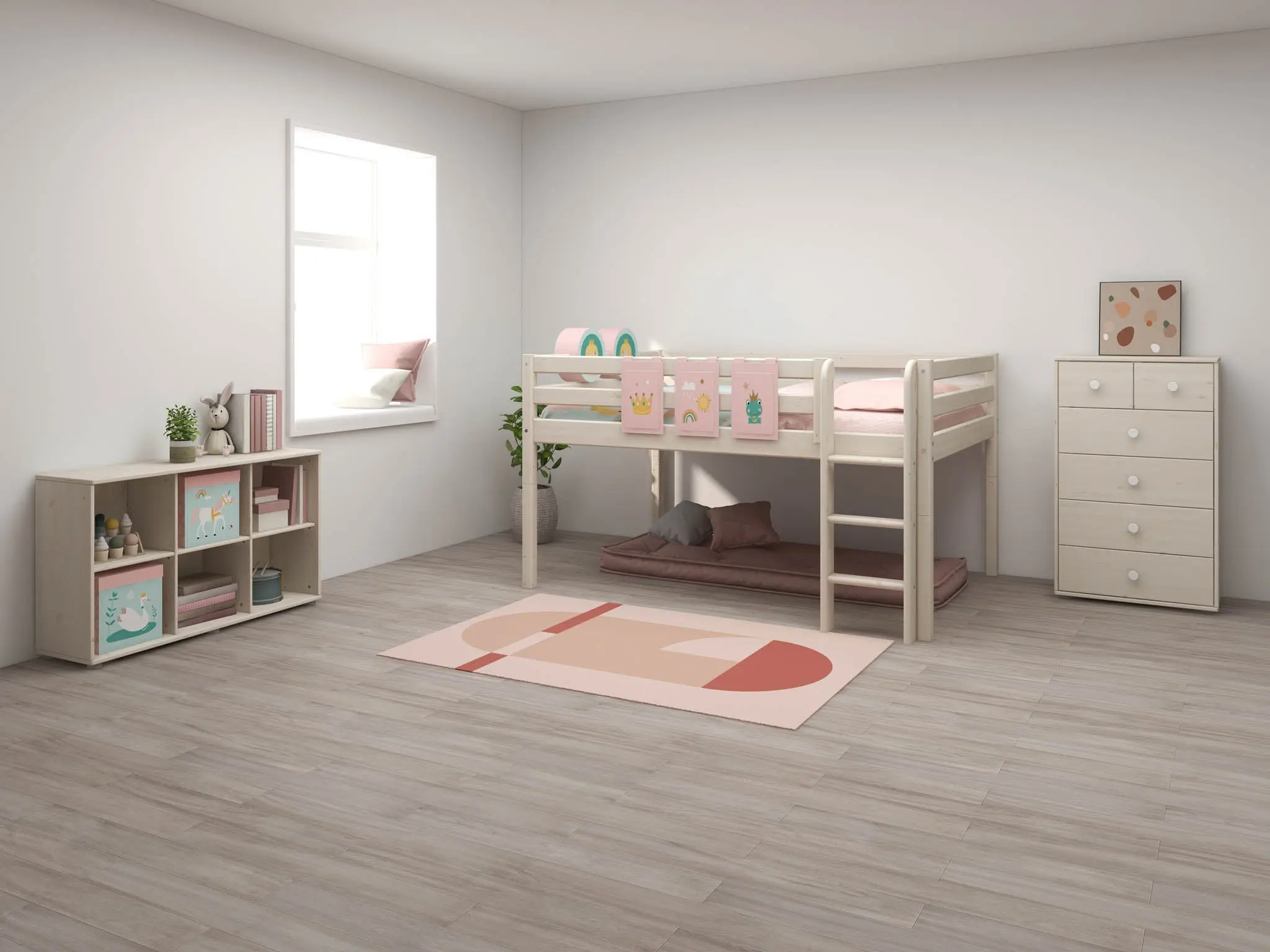 High Bed 120 cm with Safety Rail and Ladder, 140x200 cm, White - Image 5