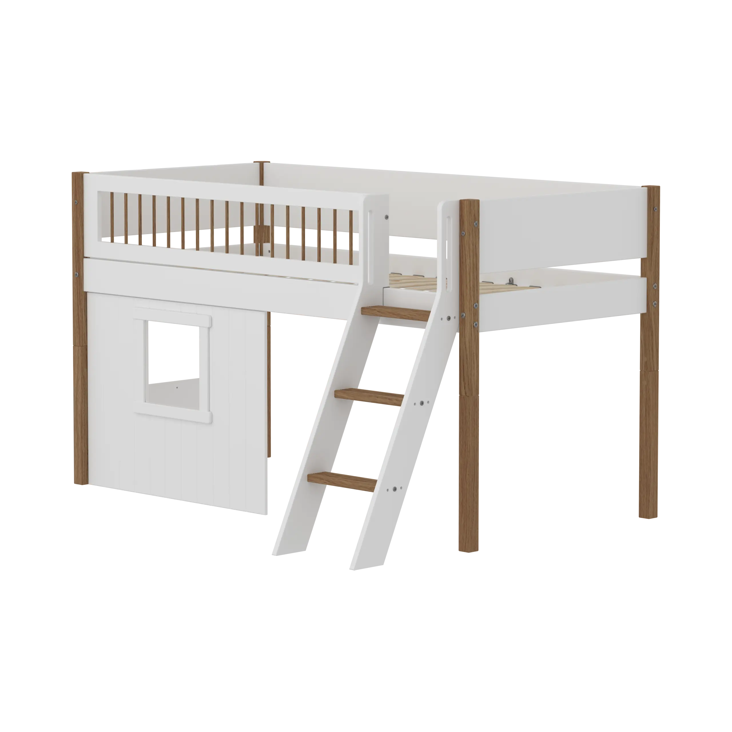 High Bed 120 cm with Treehouse, Ladder and Safety Rail, 90x200 cm, White/Oak