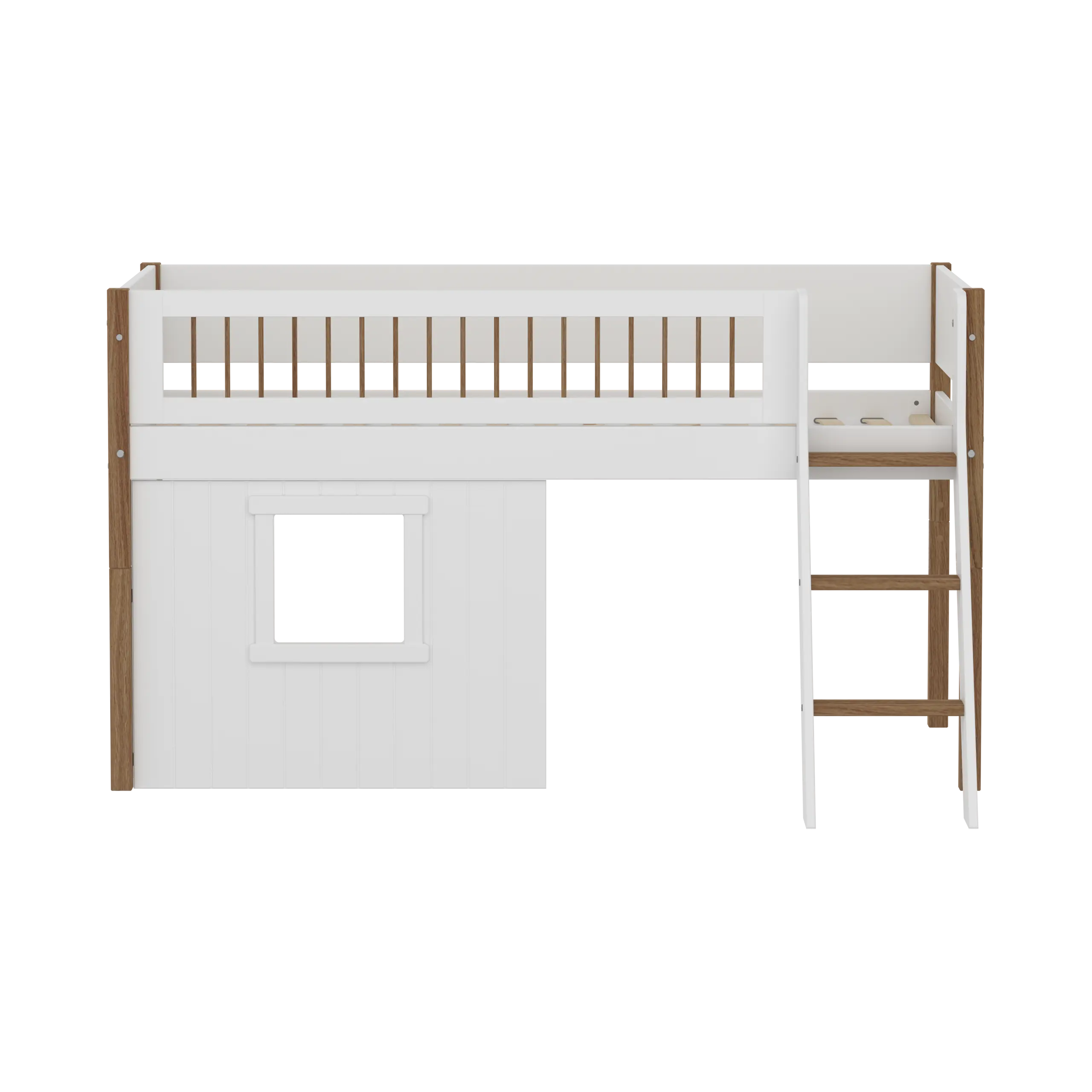 High Bed 120 cm with Treehouse, Ladder and Safety Rail, 90x200 cm, White/Oak - Image 2