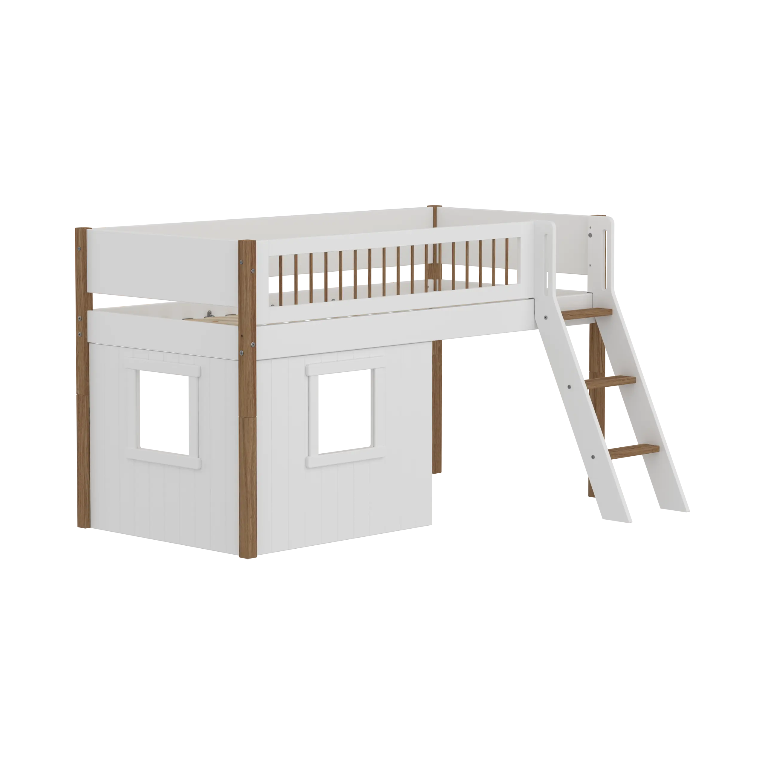 High Bed 120 cm with Treehouse, Ladder and Safety Rail, 90x200 cm, White/Oak - Image 3