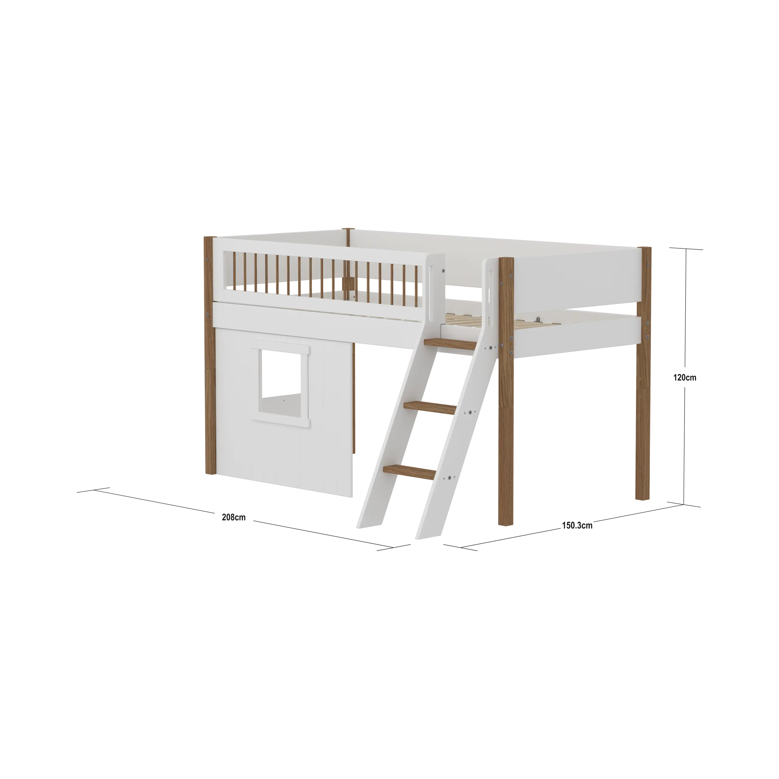 High Bed 120 cm with Treehouse, Ladder and Safety Rail, 90x200 cm, White/Oak - Image 4
