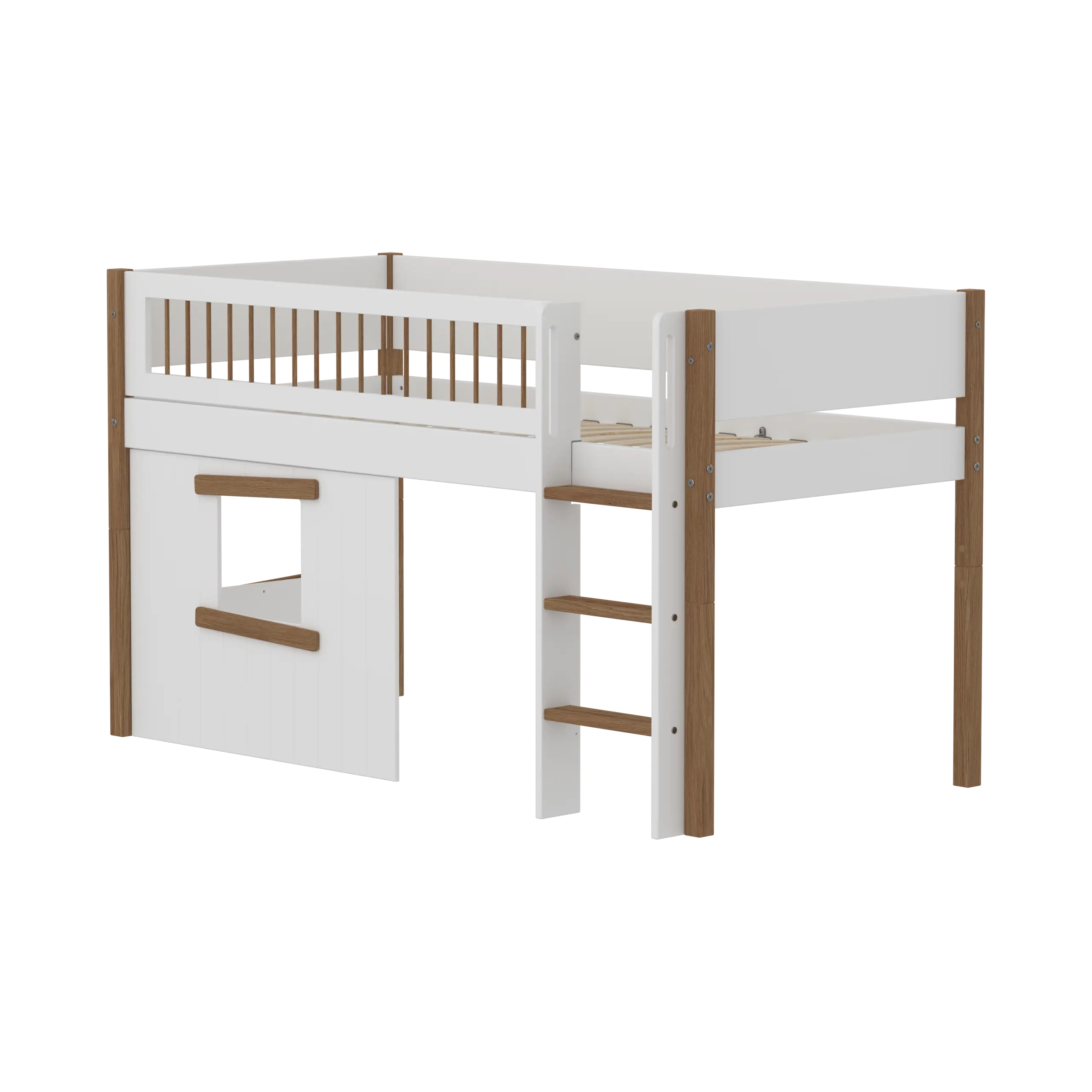 High Bed 120 cm with Treehouse, Ladder and Safety Rail, 90x200 cm, White/Oak