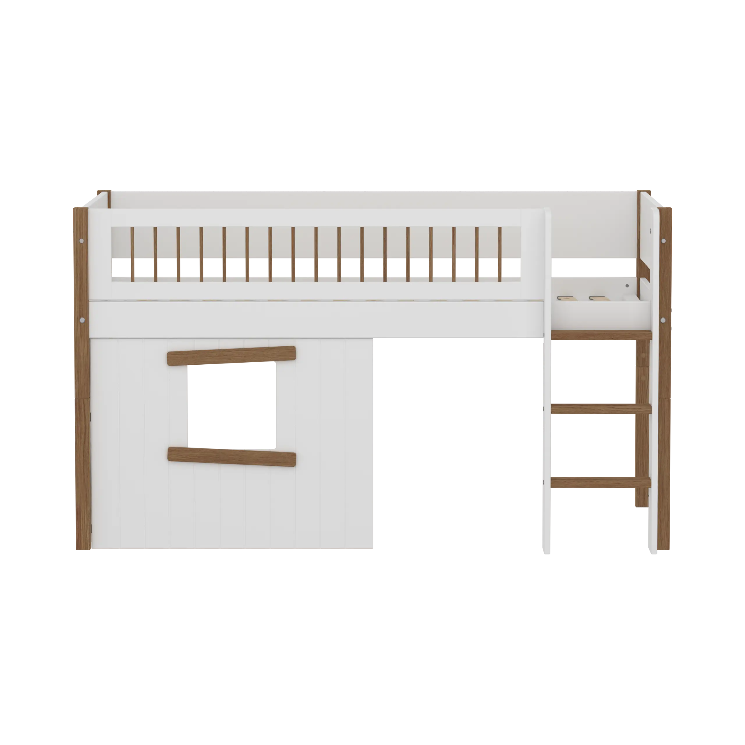High Bed 120 cm with Treehouse, Ladder and Safety Rail, 90x200 cm, White/Oak - Image 2