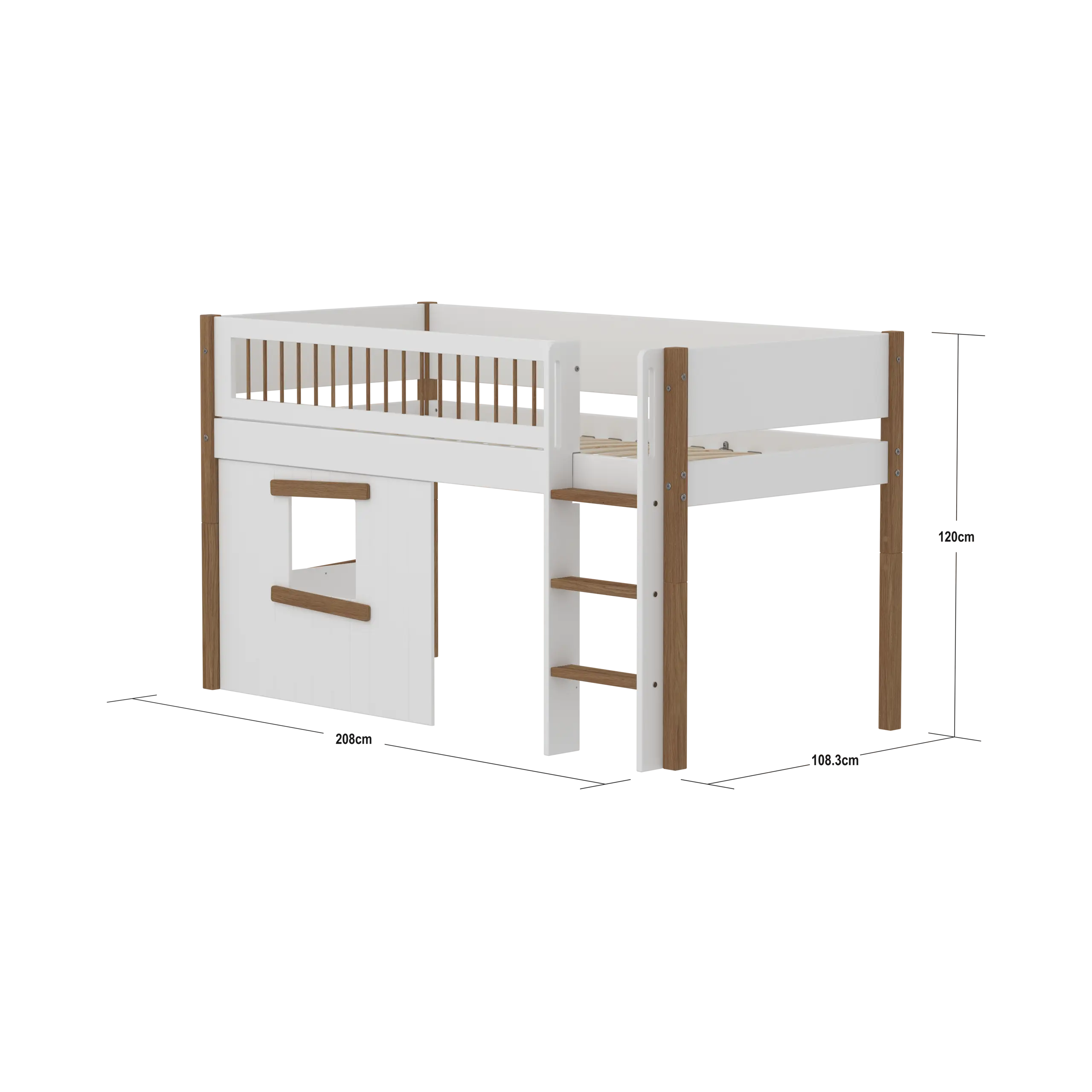High Bed 120 cm with Treehouse, Ladder and Safety Rail, 90x200 cm, White/Oak - Image 3