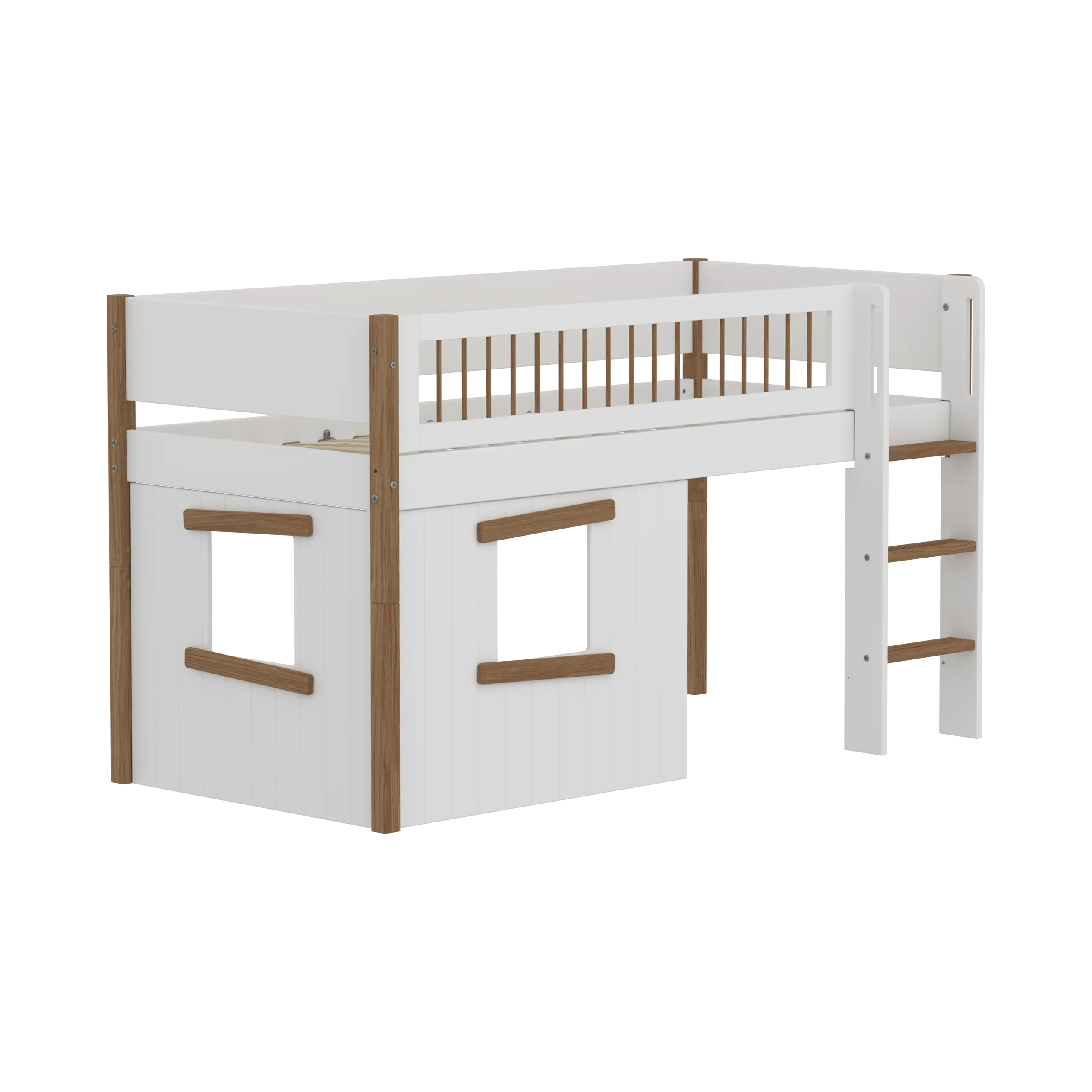 High Bed 120 cm with Treehouse, Ladder and Safety Rail, 90x200 cm, White/Oak - Image 4