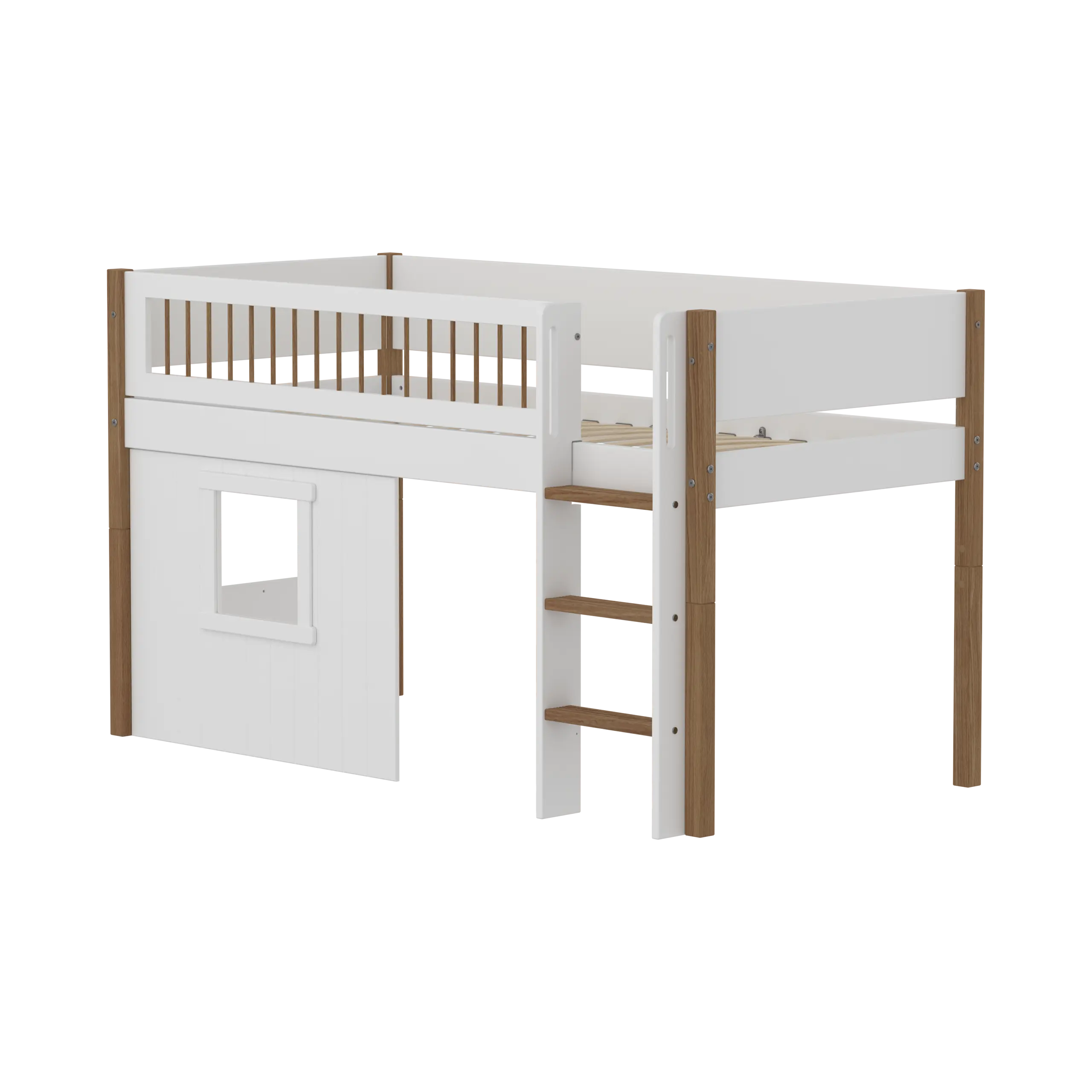 High Bed 120 cm with Treehouse, Ladder and Safety Rail, 90x200 cm, White/Oak