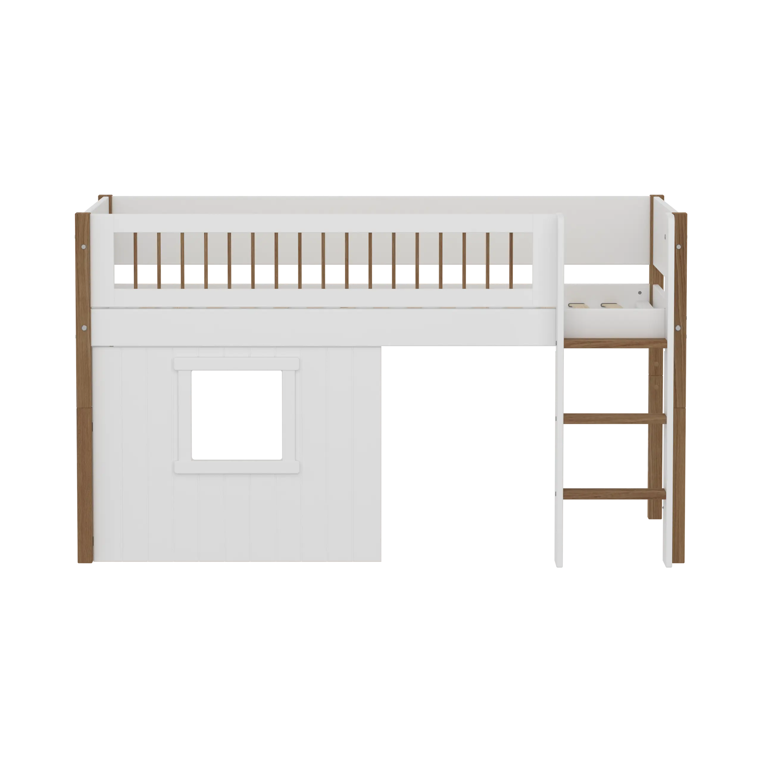 High Bed 120 cm with Treehouse, Ladder and Safety Rail, 90x200 cm, White/Oak - Image 2