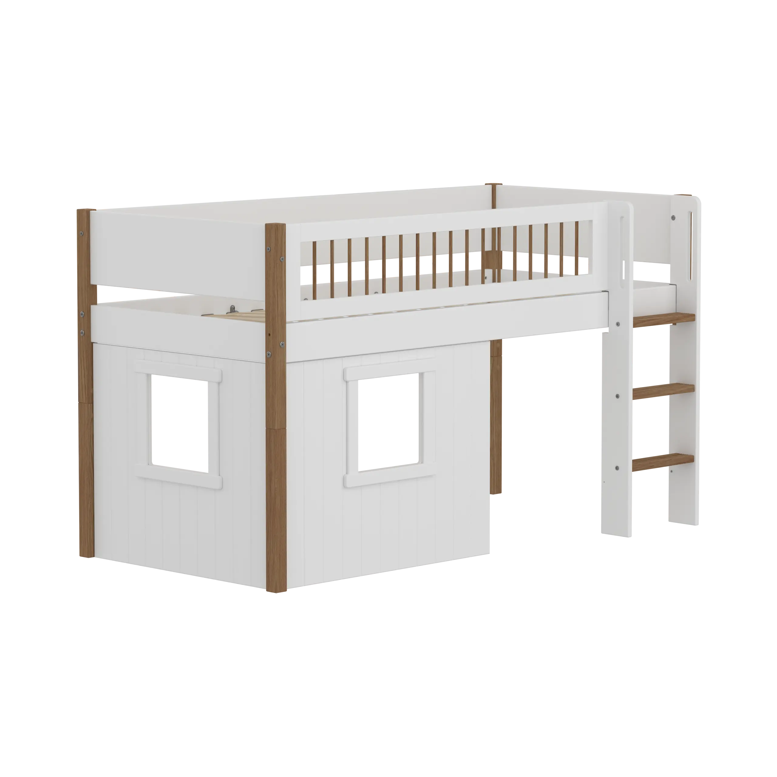 High Bed 120 cm with Treehouse, Ladder and Safety Rail, 90x200 cm, White/Oak - Image 3
