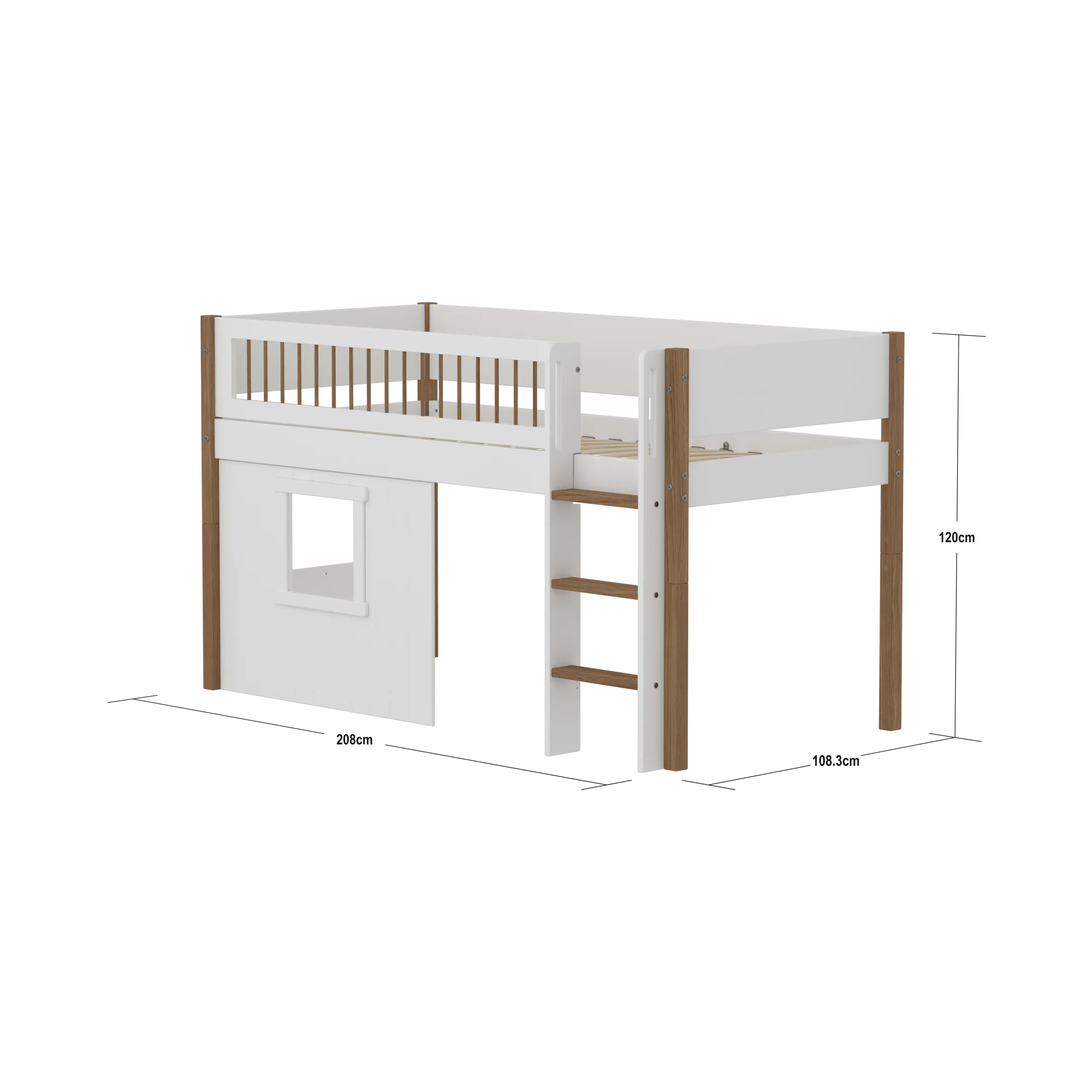 High Bed 120 cm with Treehouse, Ladder and Safety Rail, 90x200 cm, White/Oak - Image 4