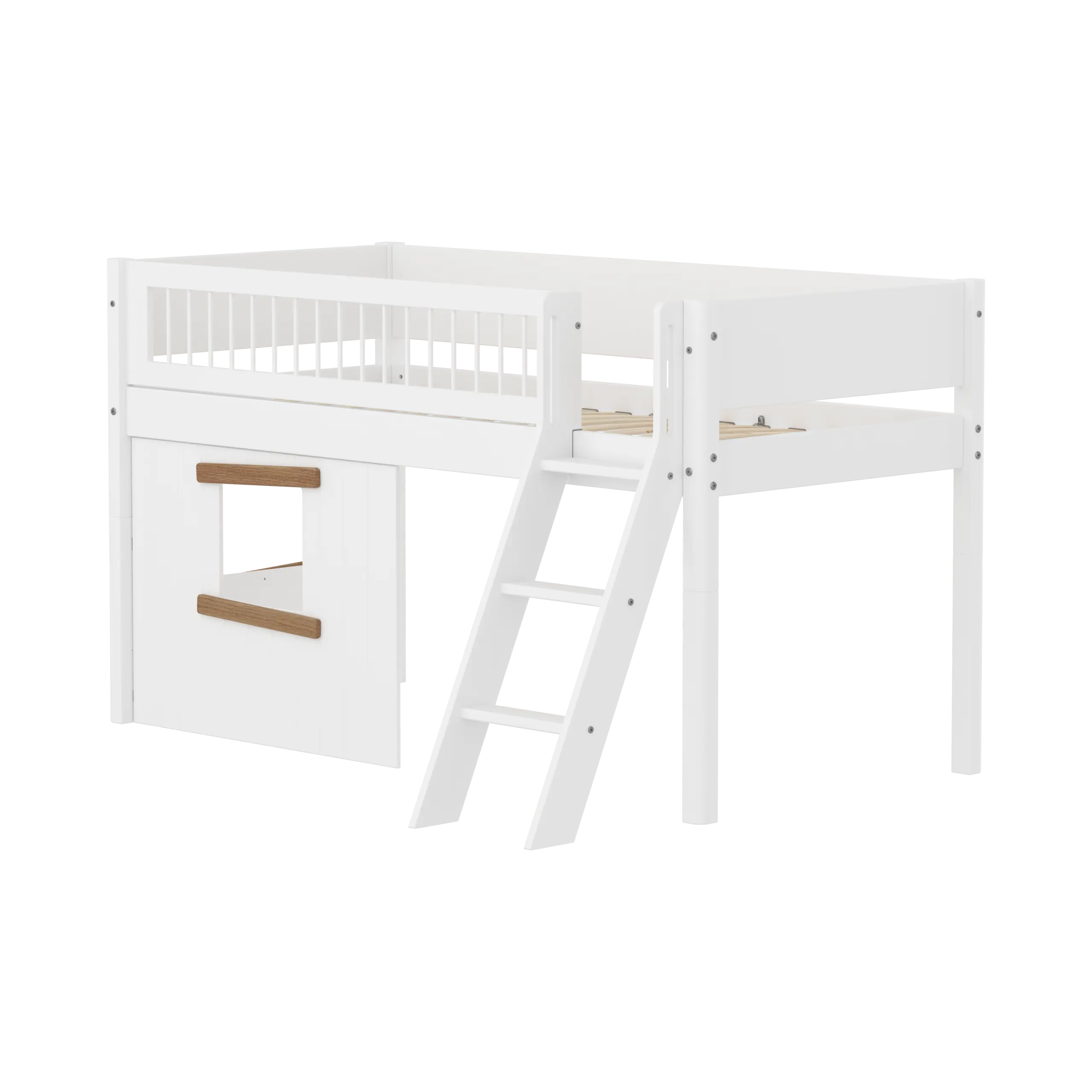 High Bed 120 cm with Treehouse, Ladder and Safety Rail, 90x200, White/Oak