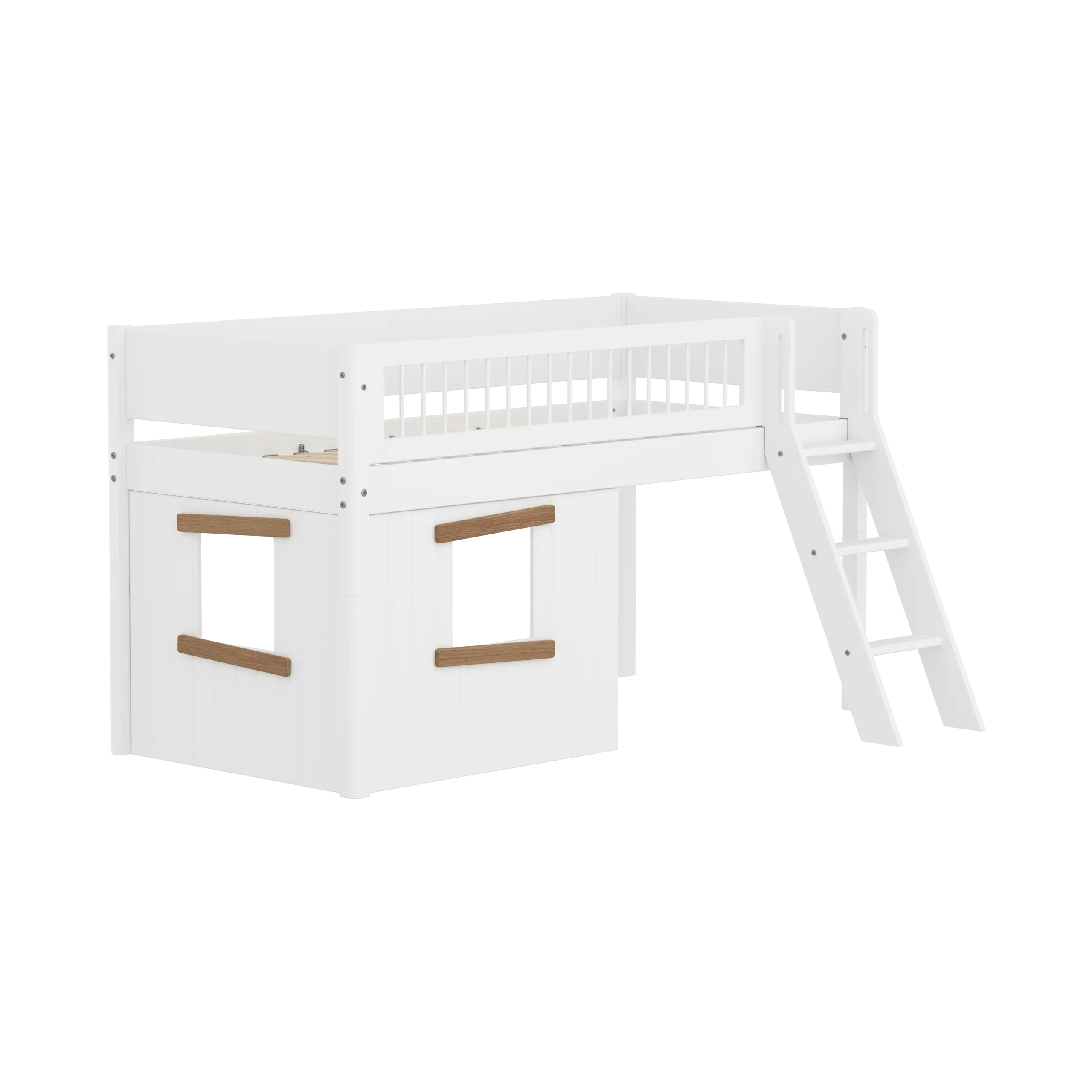 High Bed 120 cm with Treehouse, Ladder and Safety Rail, 90x200, White/Oak - Image 3