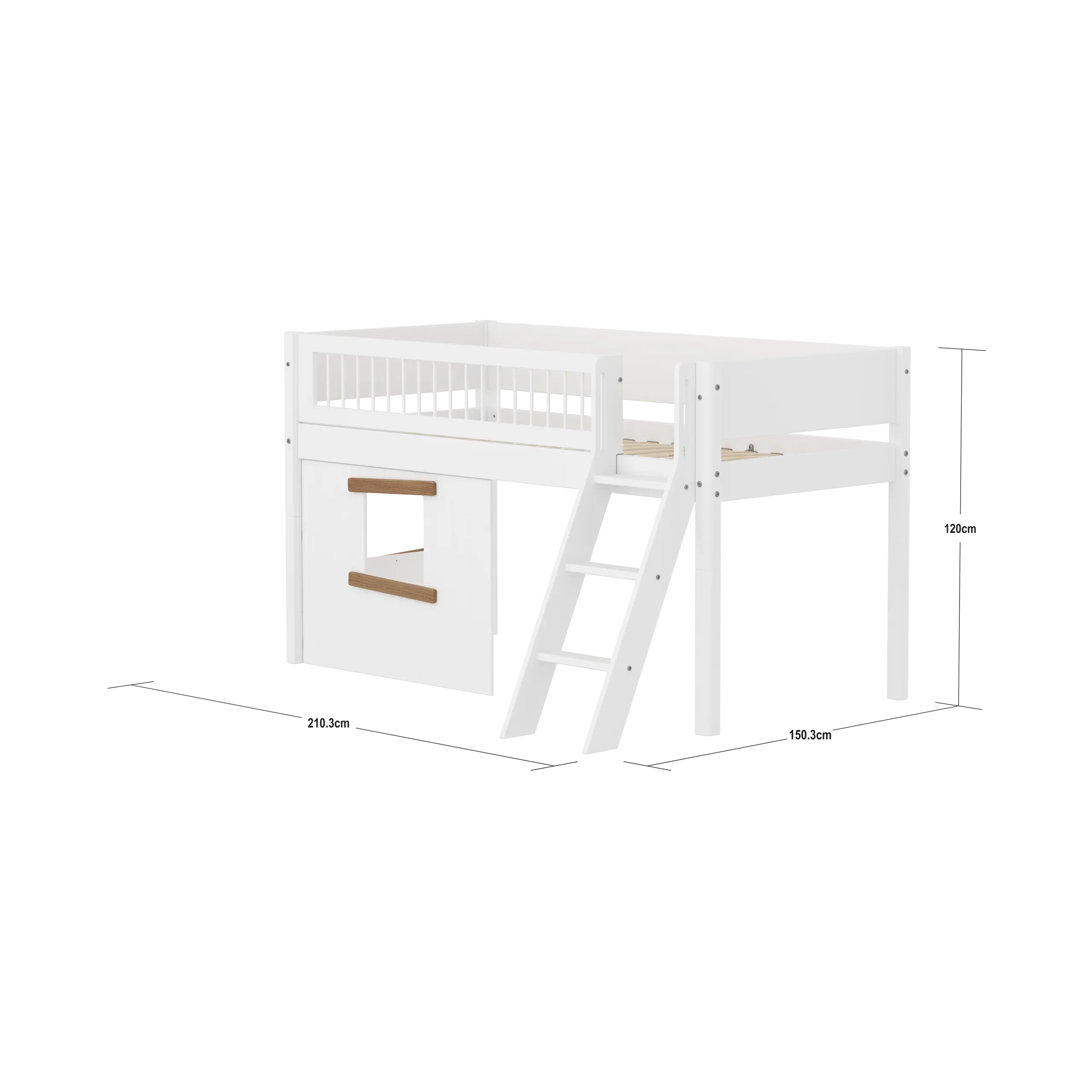 High Bed 120 cm with Treehouse, Ladder and Safety Rail, 90x200, White/Oak - Image 4