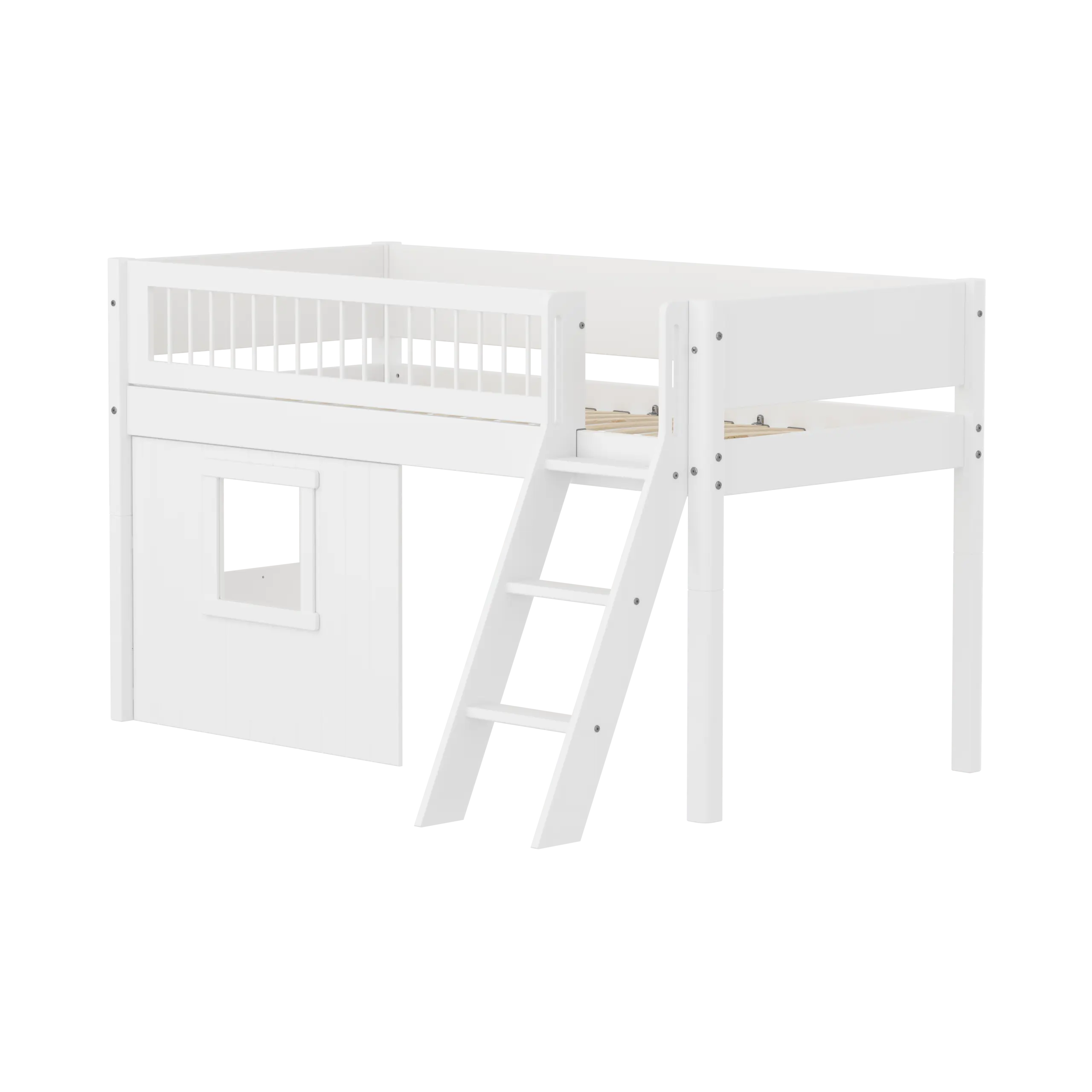 High Bed 120 cm with Treehouse, Ladder and Safety Rail, 90x200, White