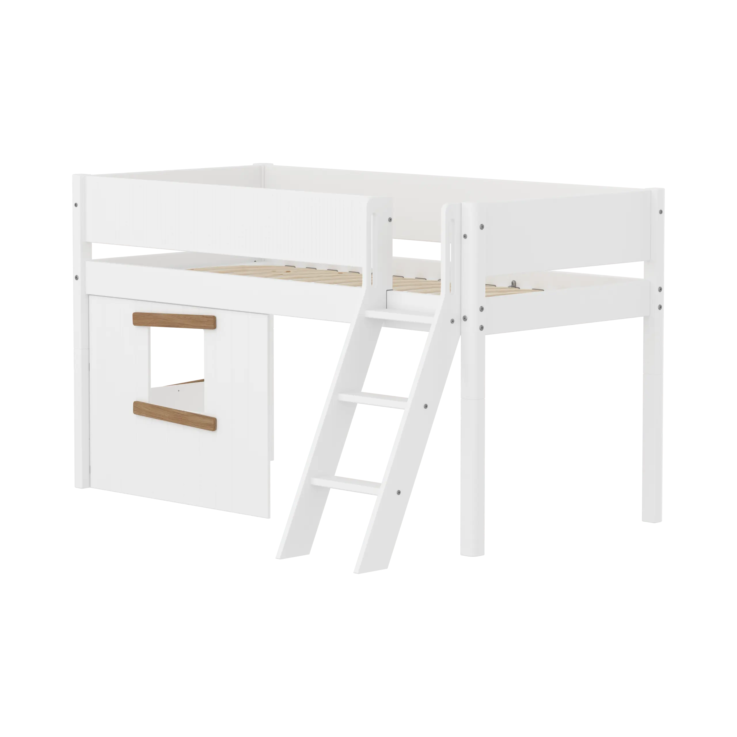 High Bed 120 cm with Treehouse, Ladder and Safety Rail, 90x200, White/Oak