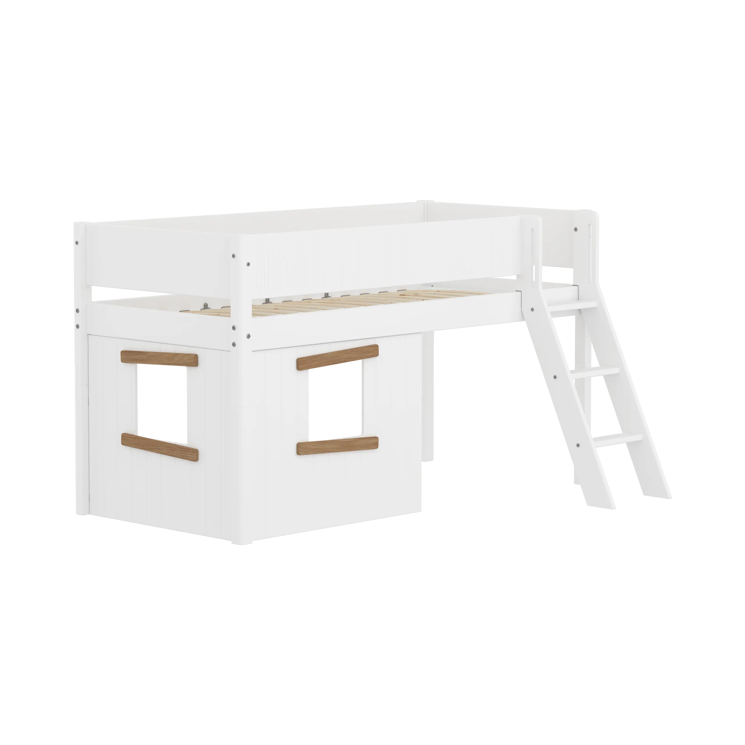 High Bed 120 cm with Treehouse, Ladder and Safety Rail, 90x200, White/Oak - Image 3