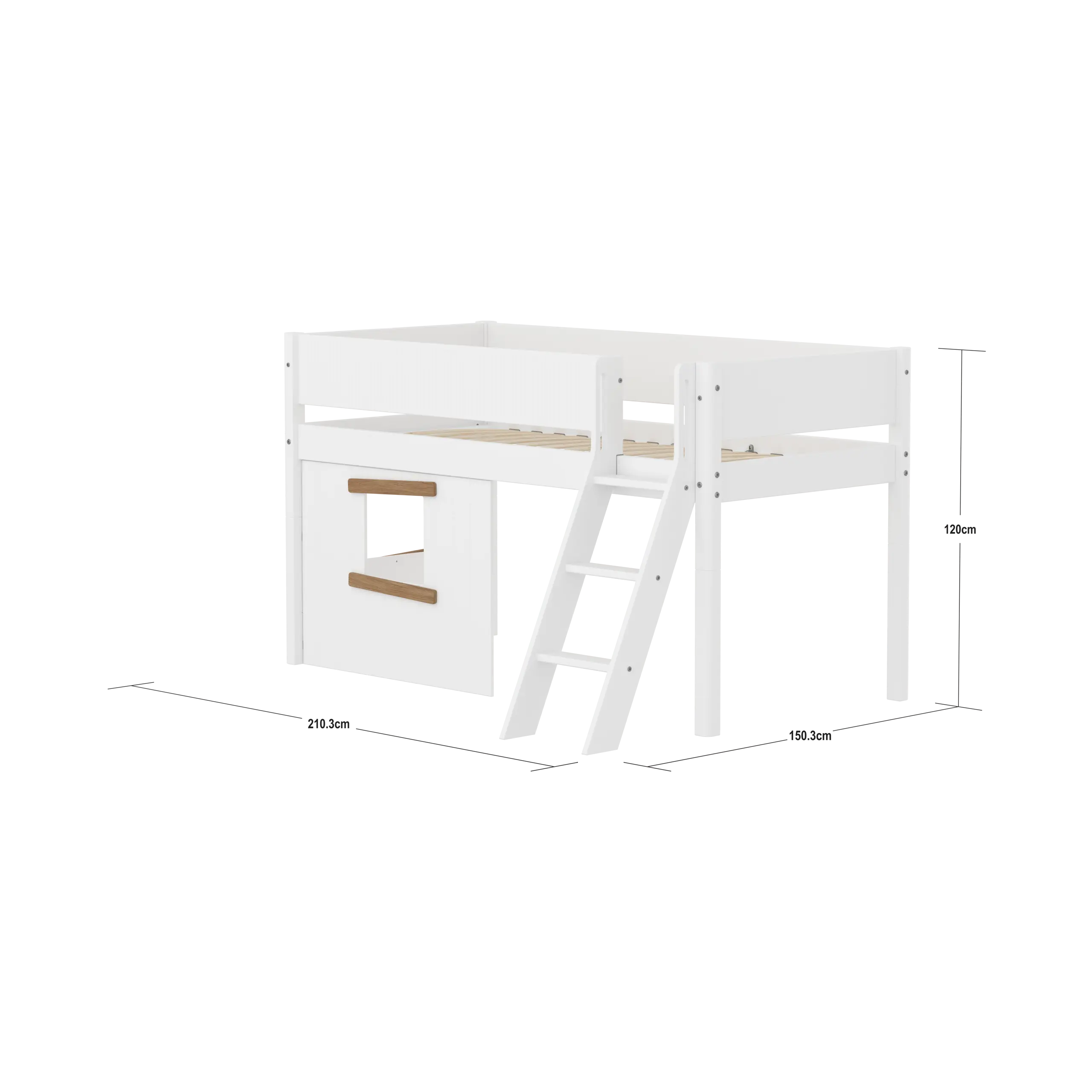 High Bed 120 cm with Treehouse, Ladder and Safety Rail, 90x200, White/Oak - Image 4